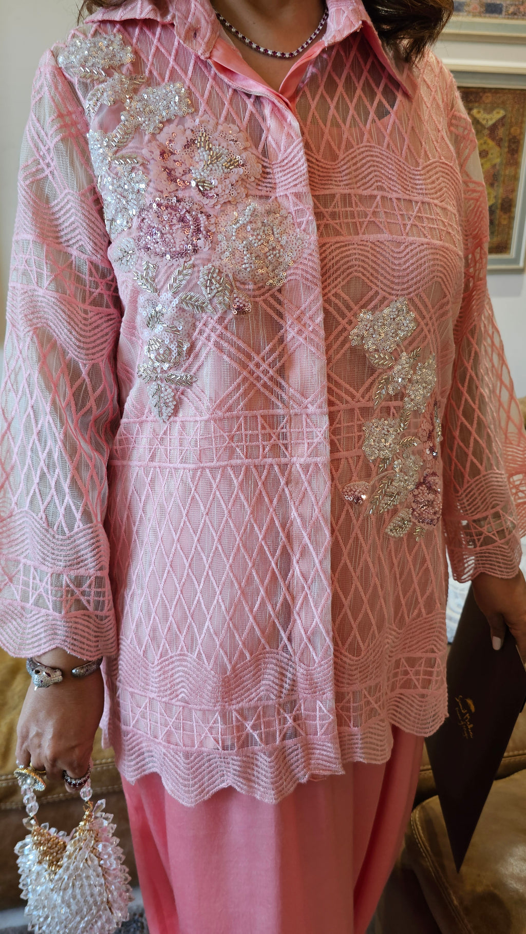 Mesmerising Fully Embroidered Organza Tissue Fabric Top Embellished with Hand Embroidery With Balloon Pants