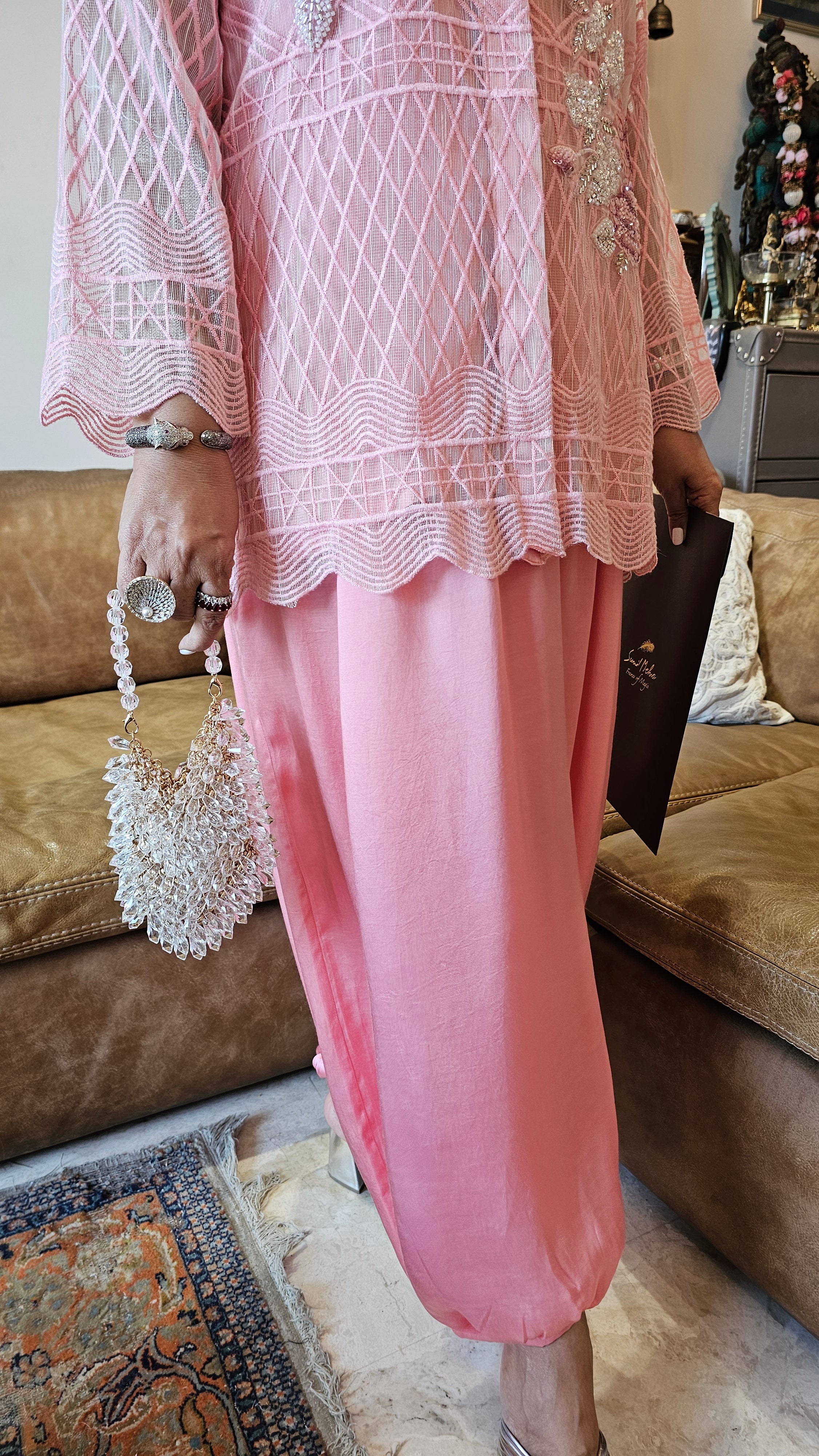 Mesmerising Fully Embroidered Organza Tissue Fabric Top Embellished with Hand Embroidery With Balloon Pants