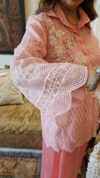 Mesmerising Fully Embroidered Organza Tissue Fabric Top Embellished with Hand Embroidery With Balloon Pants