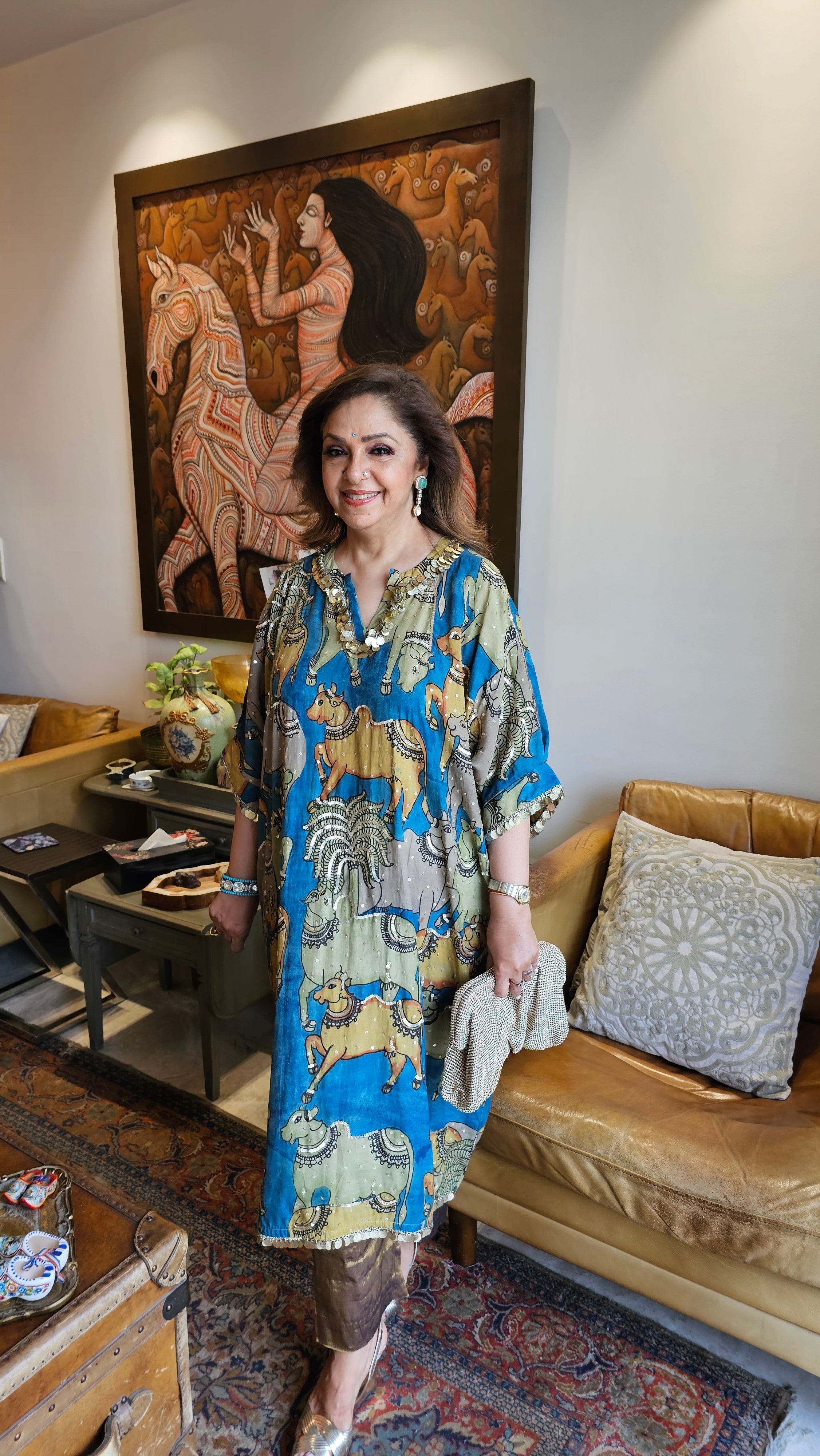 Stunning Pure KalamKari Hand Embroidered Top With Tissue Bottom in Contemporary Cut & Style