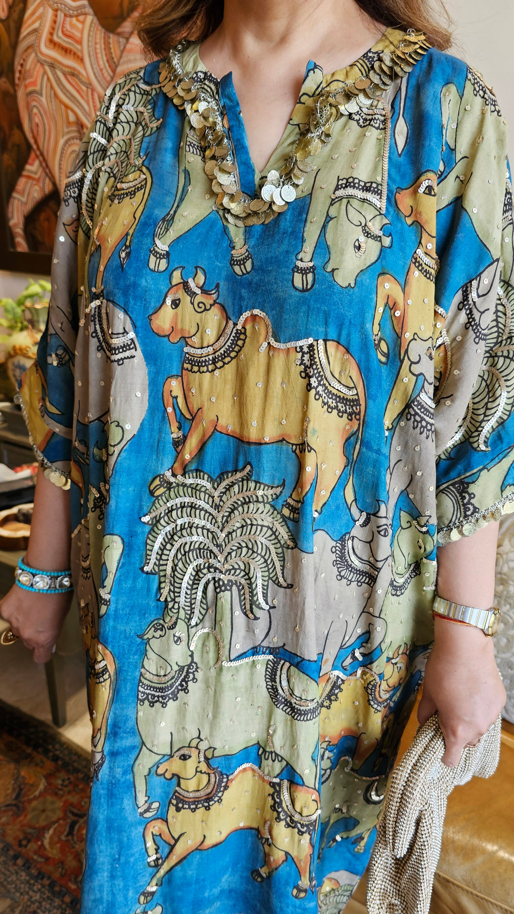 Stunning Pure KalamKari Hand Embroidered Top With Tissue Bottom in Contemporary Cut & Style
