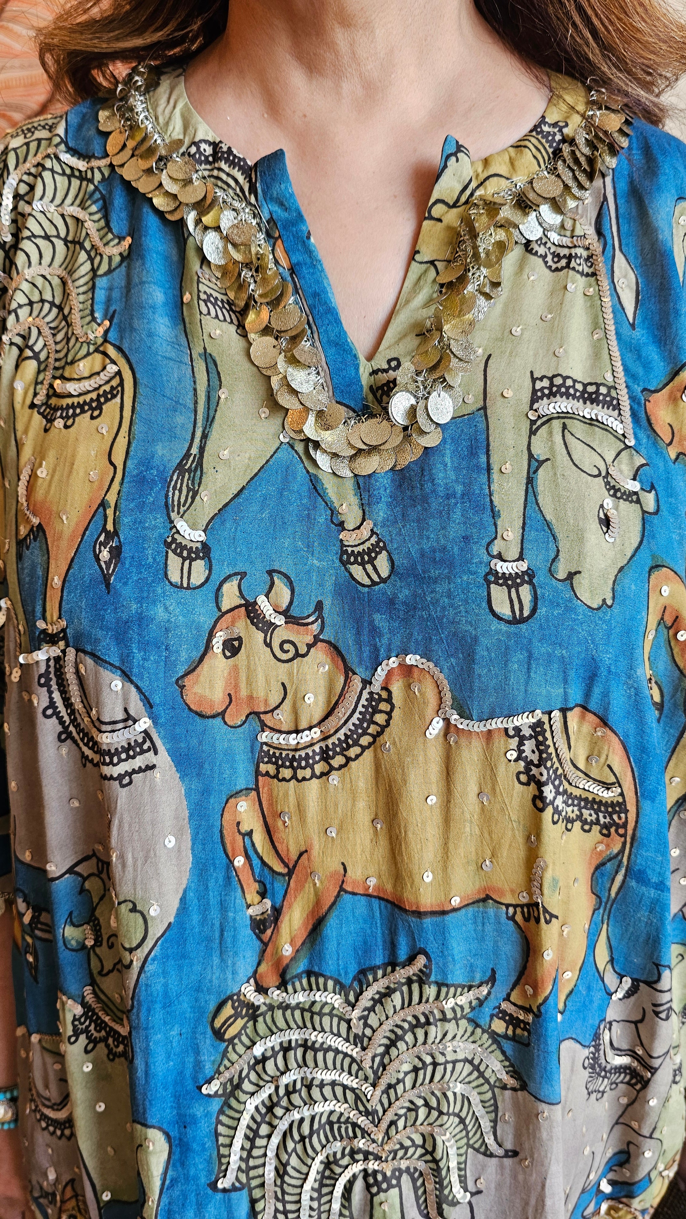 Stunning Pure KalamKari Hand Embroidered Top With Tissue Bottom in Contemporary Cut & Style