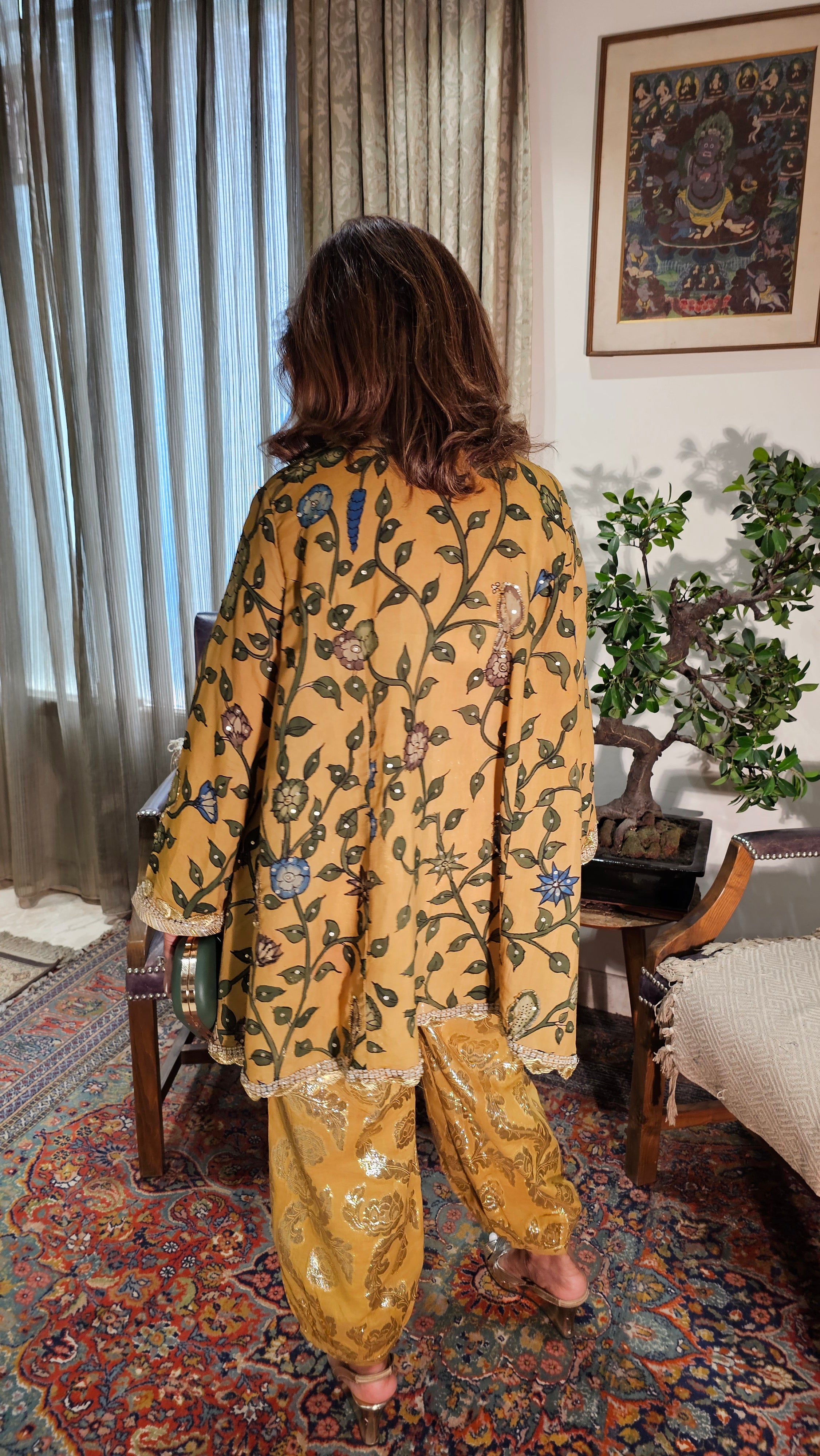Beautiful Silk Kalamkari Short Flowy Kurta with Jacquard Cotton Bottom