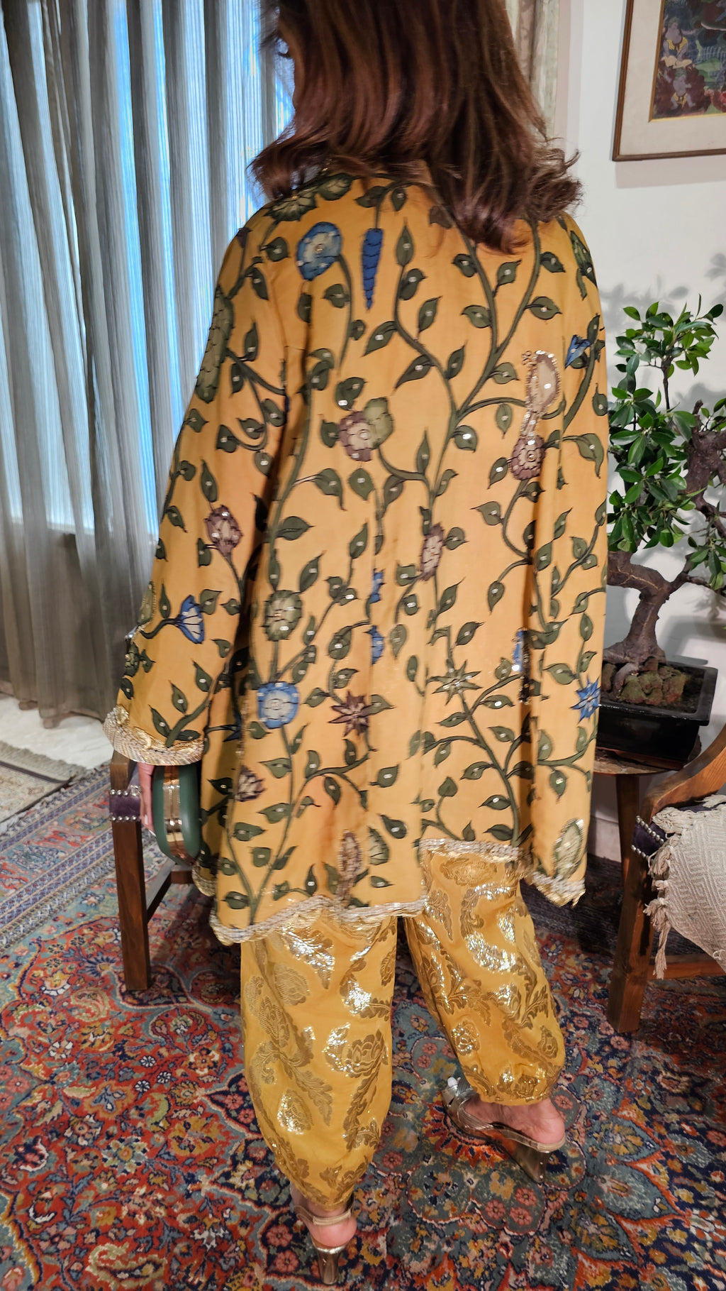 Beautiful Silk Kalamkari Short Flowy Kurta with Jacquard Cotton Bottom