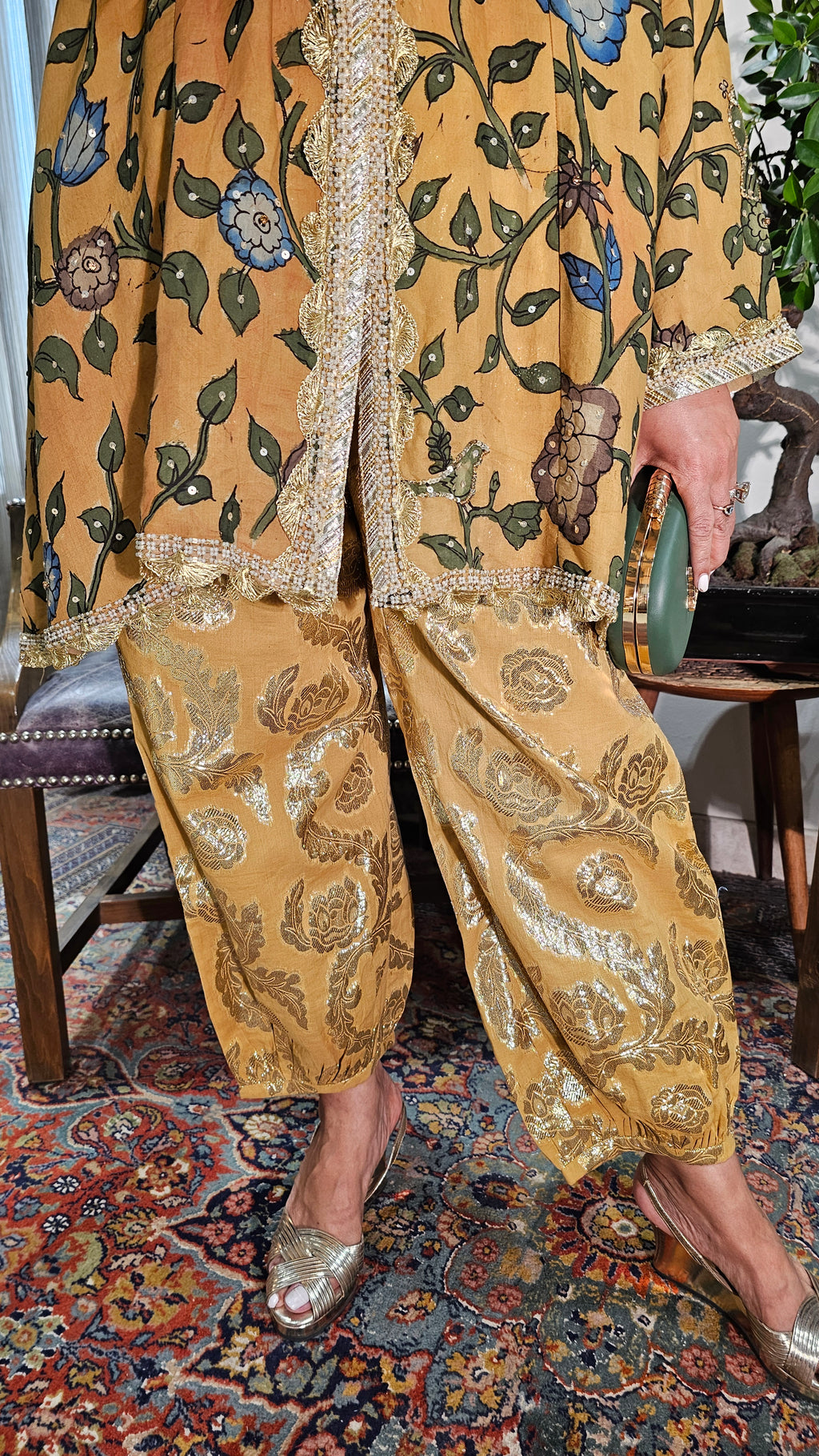 Beautiful Silk Kalamkari Short Flowy Kurta with Jacquard Cotton Bottom