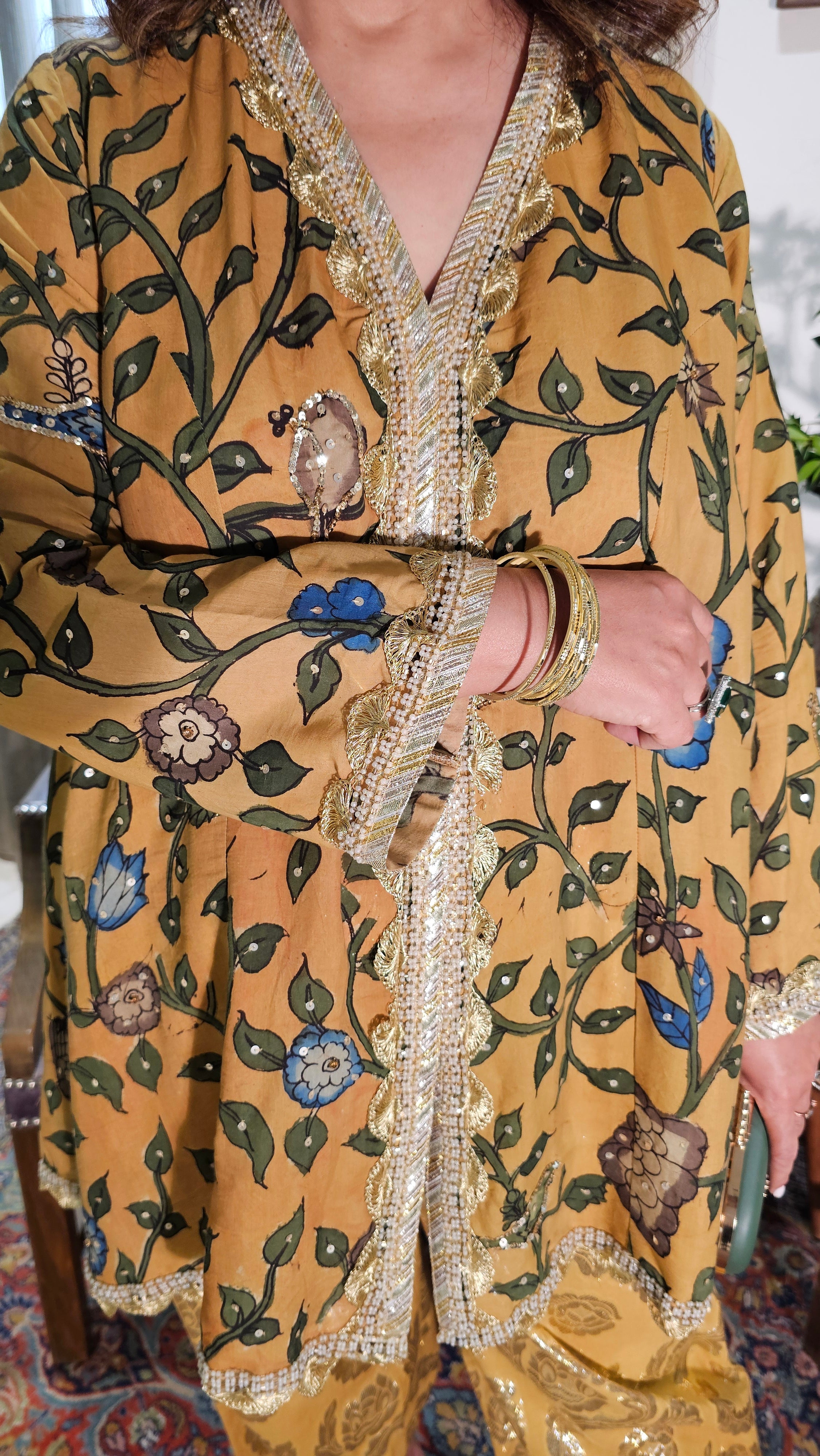 Beautiful Silk Kalamkari Short Flowy Kurta with Jacquard Cotton Bottom