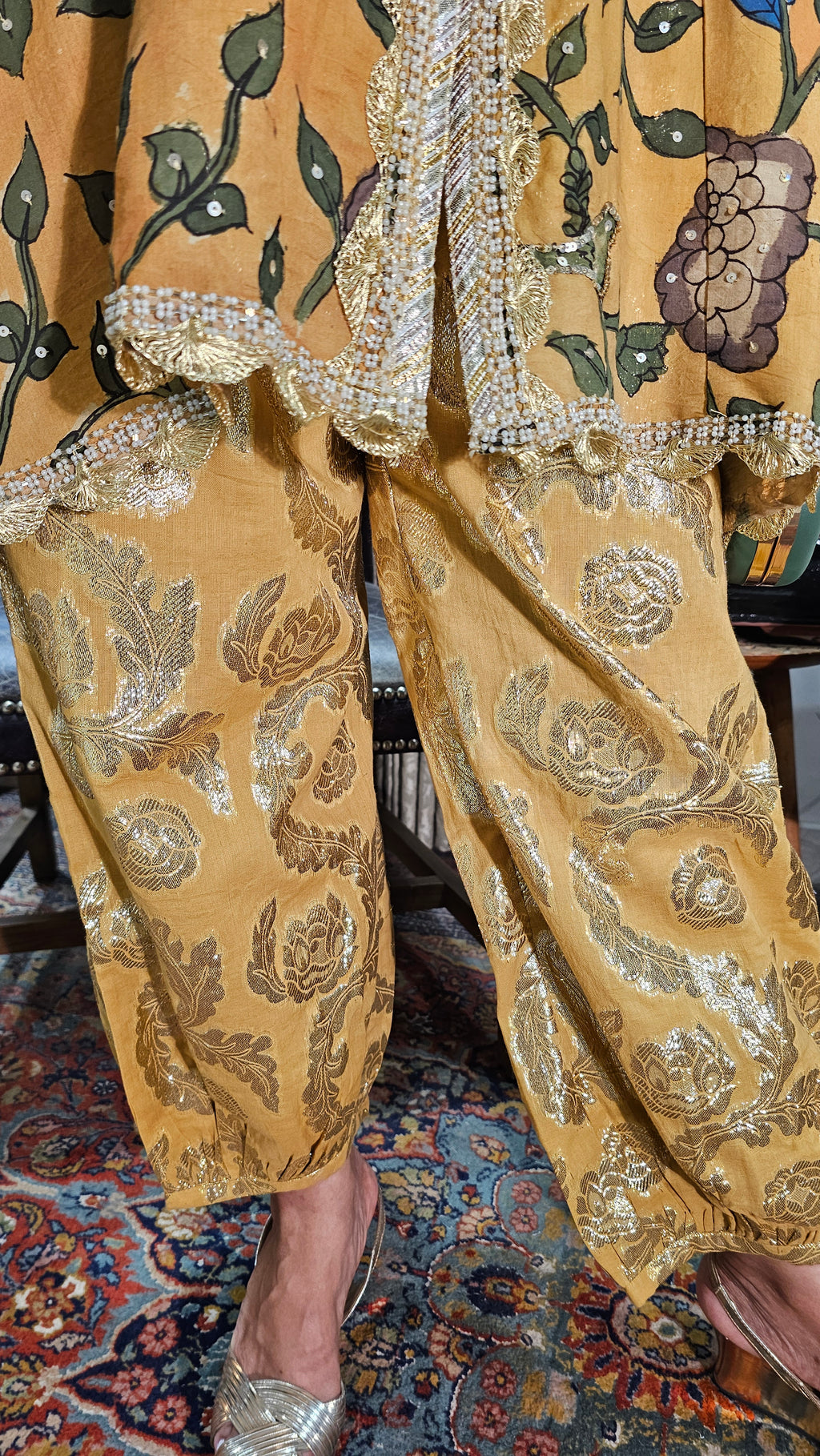 Beautiful Silk Kalamkari Short Flowy Kurta with Jacquard Cotton Bottom