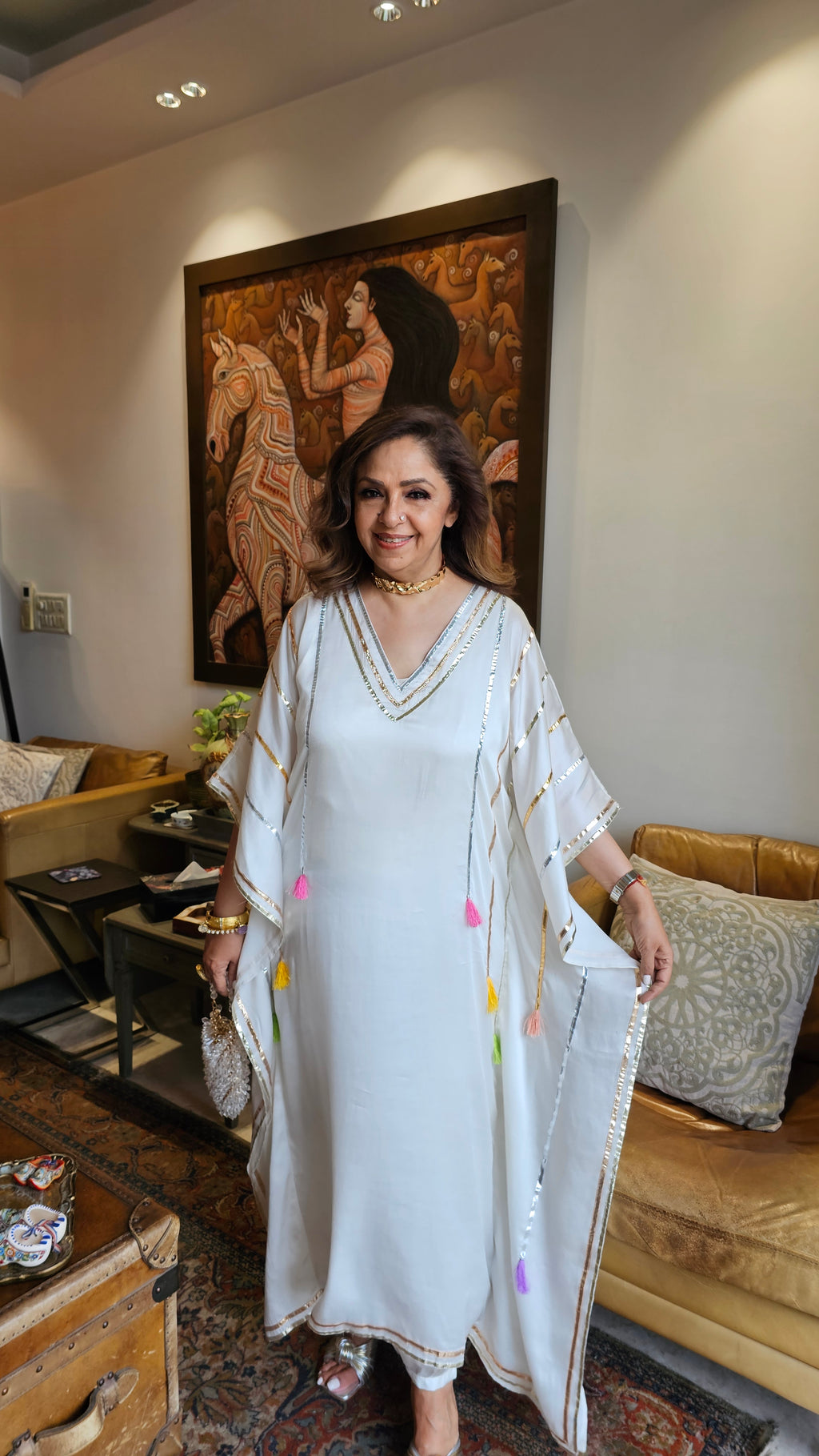 Beautiful Satin Kaftan Outfit With Gota Lace Work