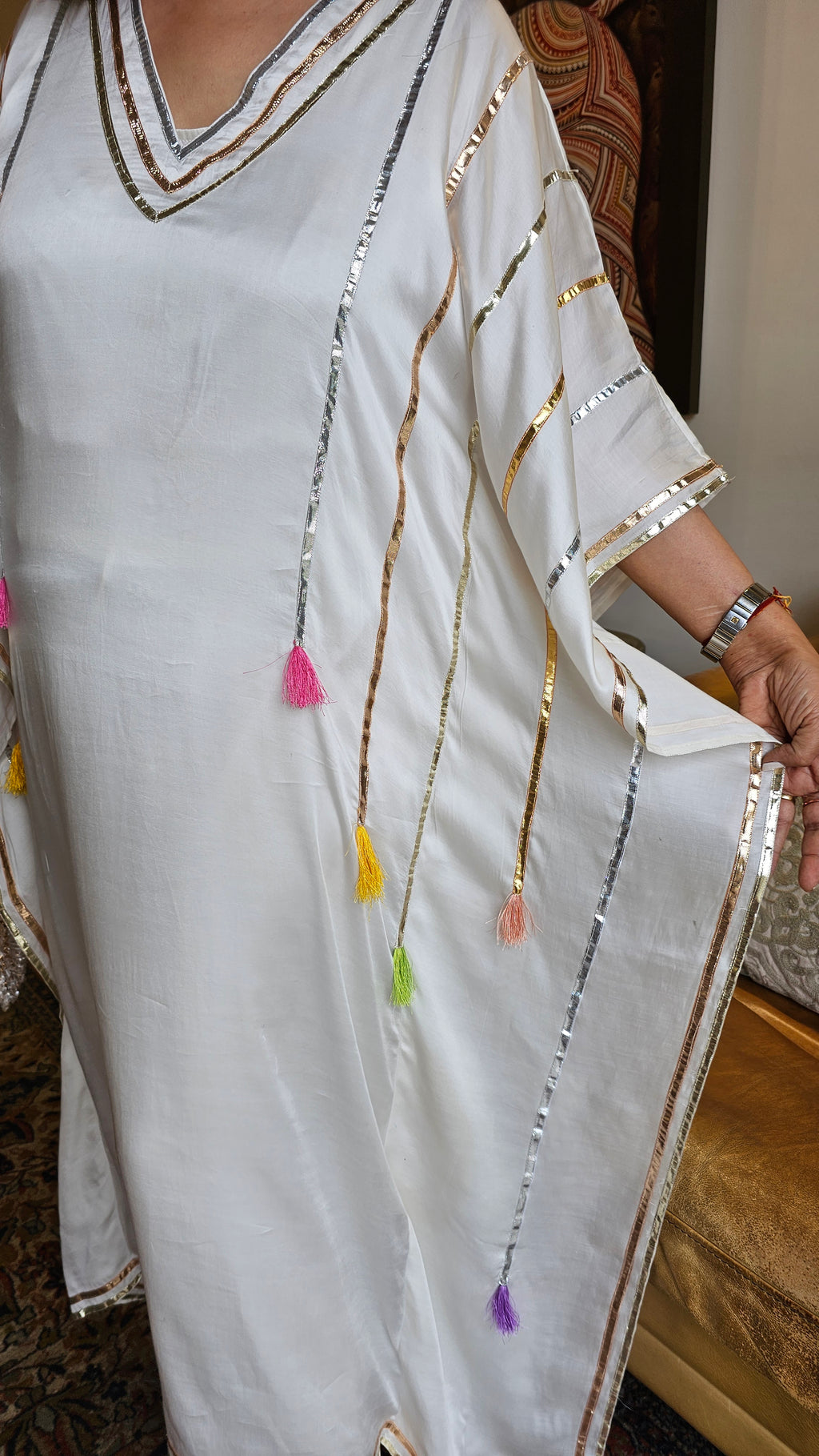 Beautiful Satin Kaftan Outfit With Gota Lace Work