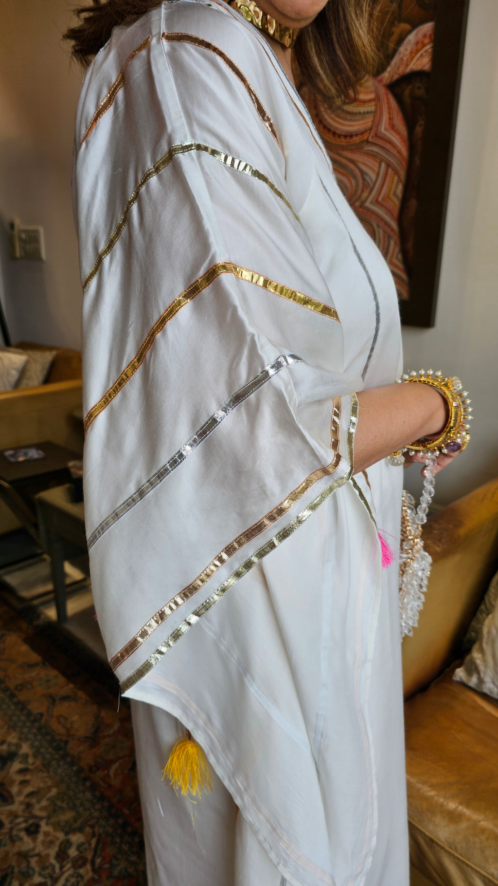 Beautiful Satin Kaftan Outfit With Gota Lace Work
