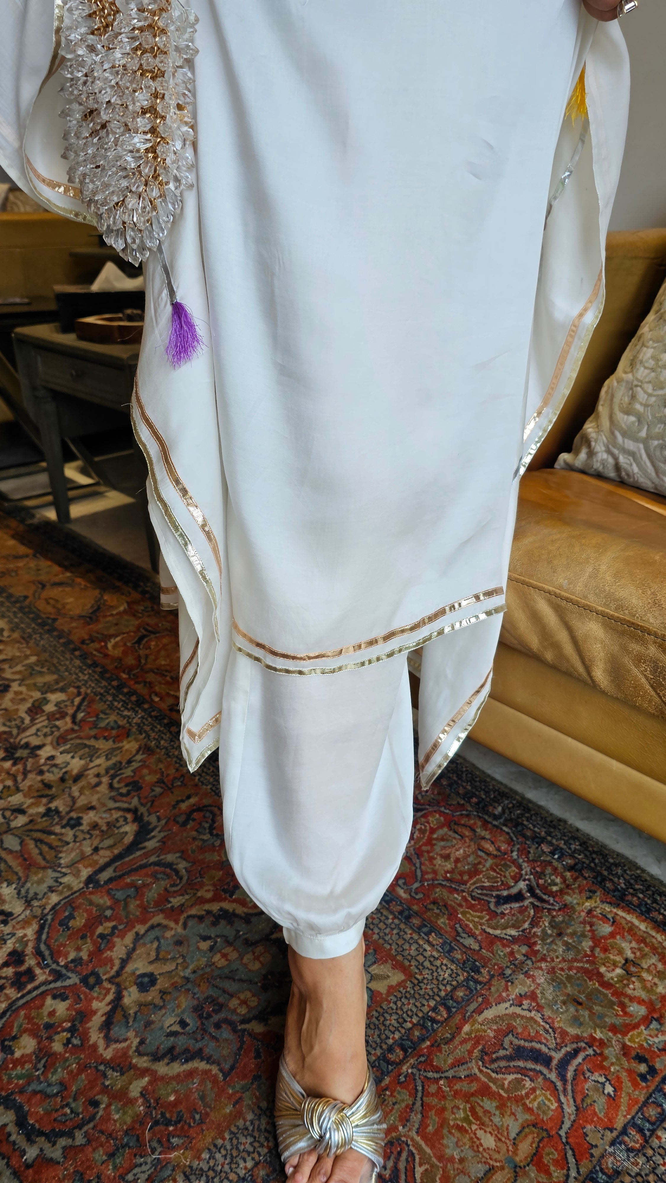 Beautiful Satin Kaftan Outfit With Gota Lace Work