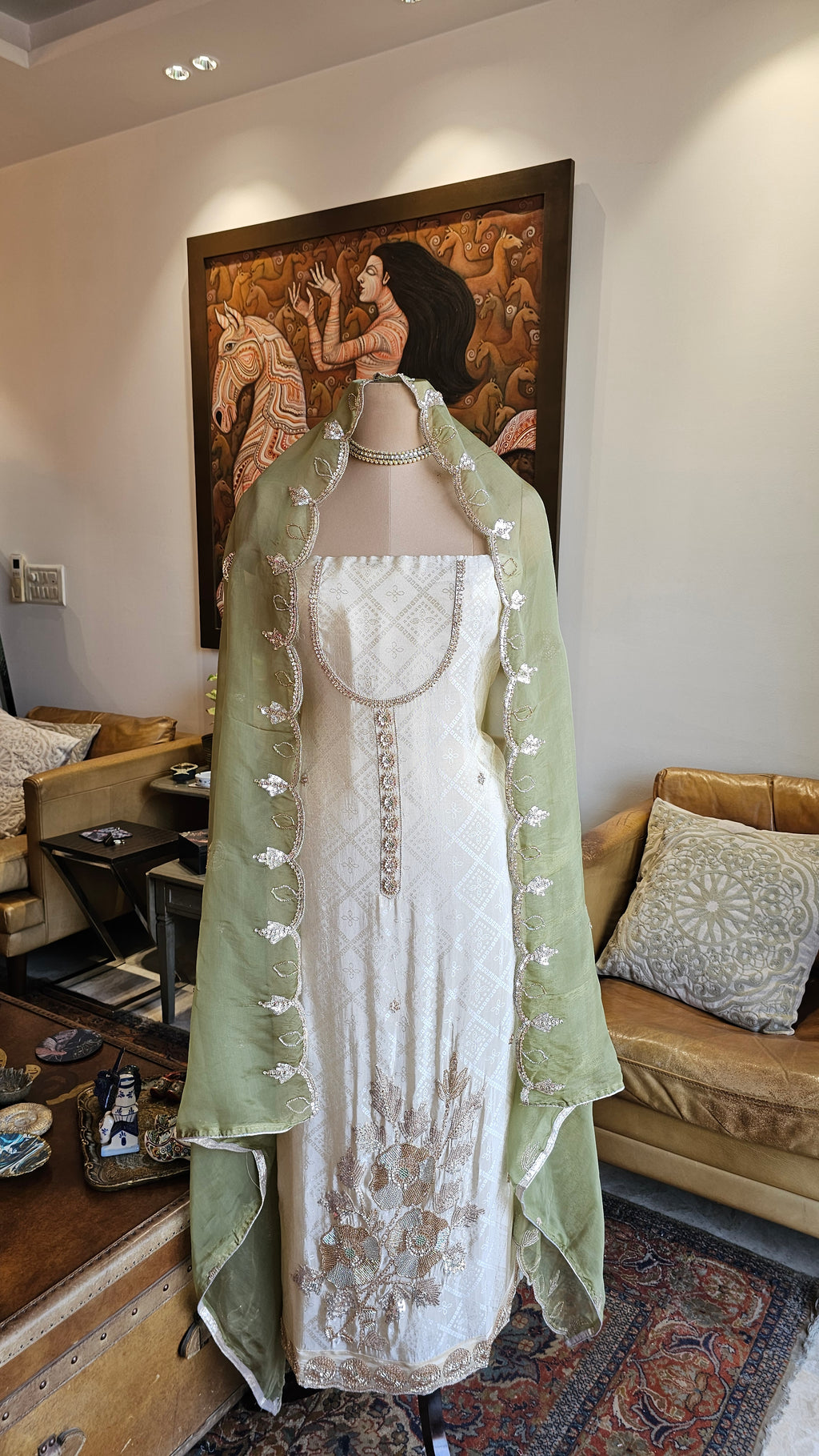 Beautiful Jacquard Silk Unstitched Suit With Highlighted Hand Work