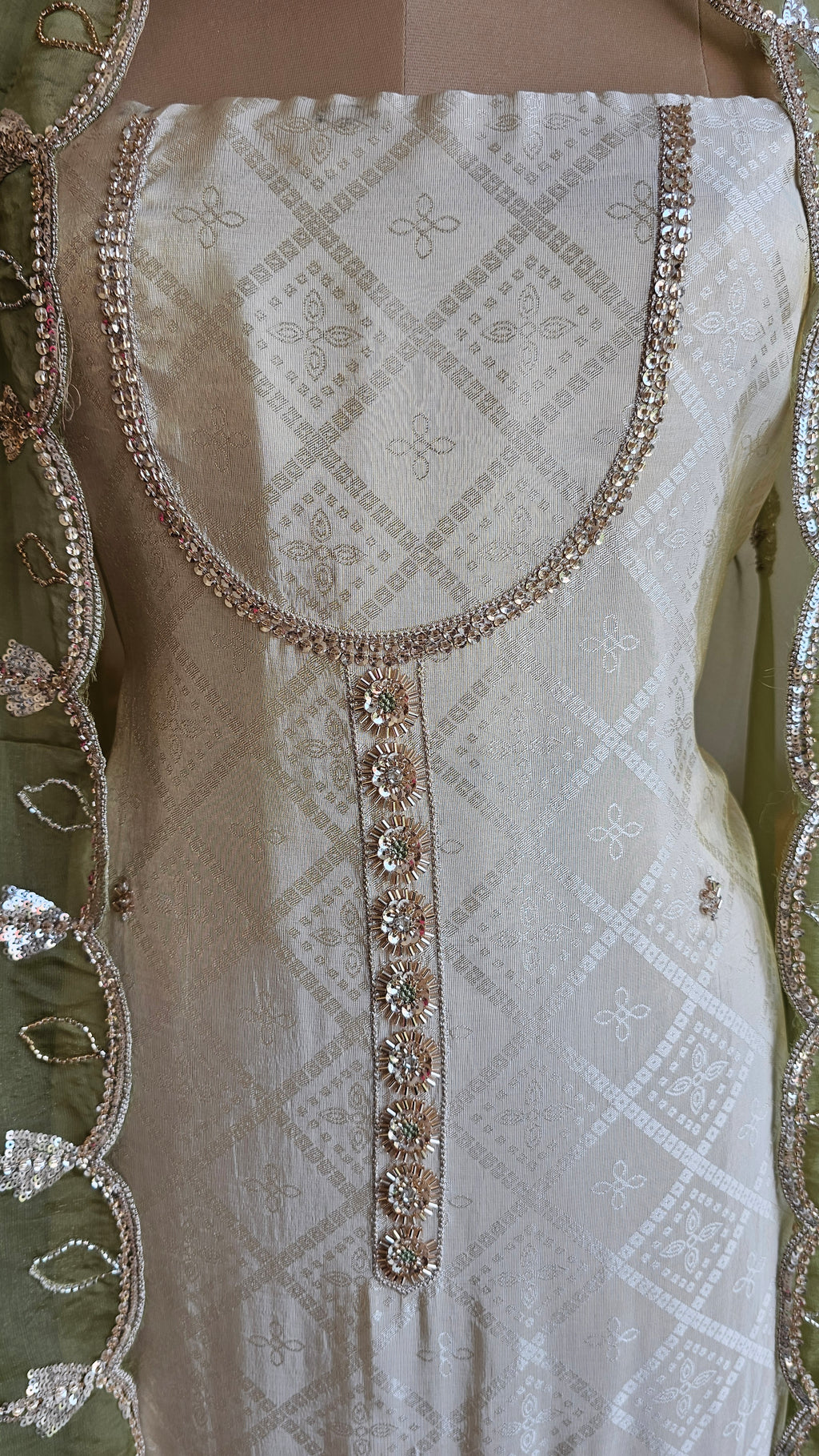 Beautiful Jacquard Silk Unstitched Suit With Highlighted Hand Work