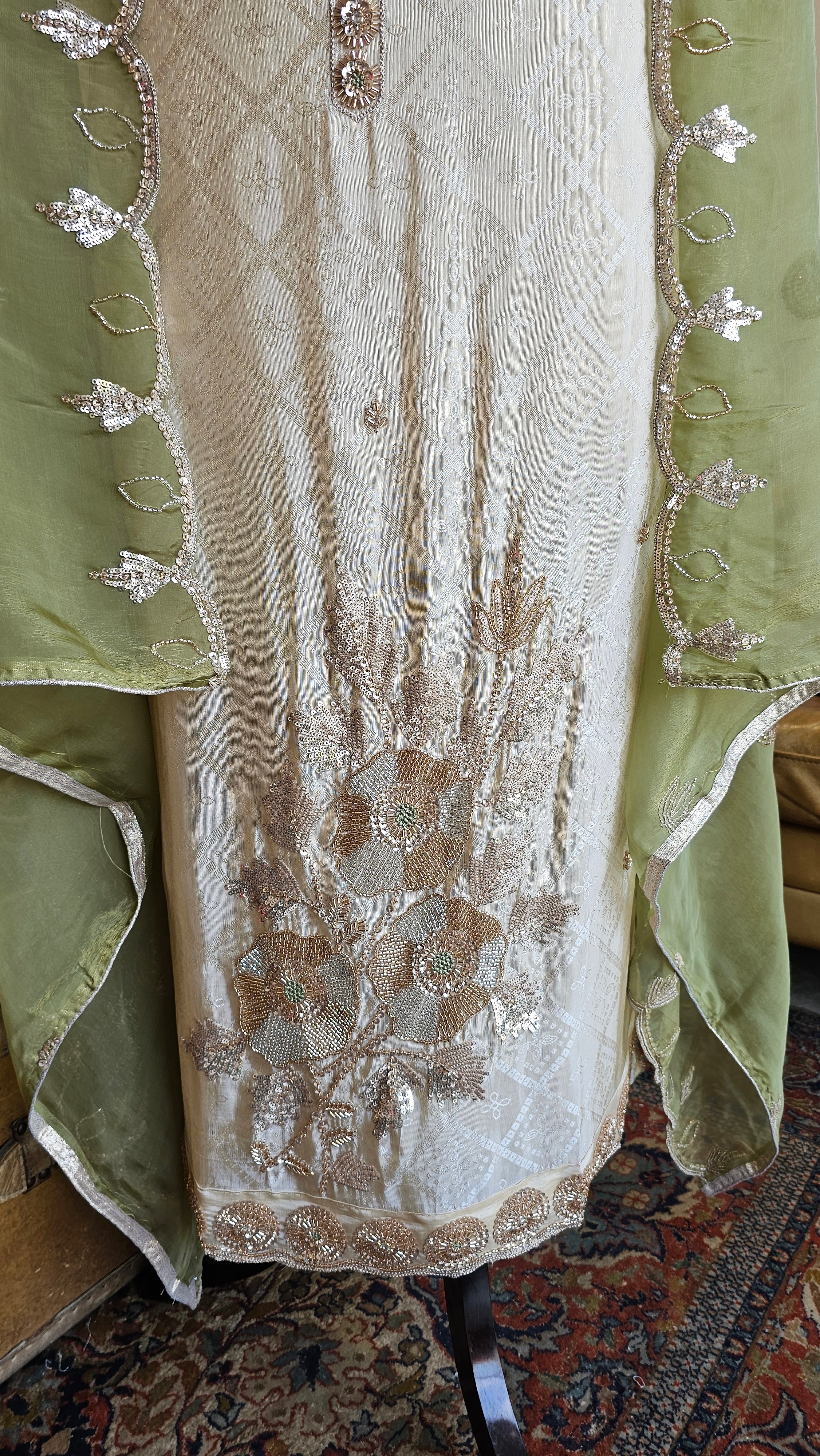 Beautiful Jacquard Silk Unstitched Suit With Highlighted Hand Work