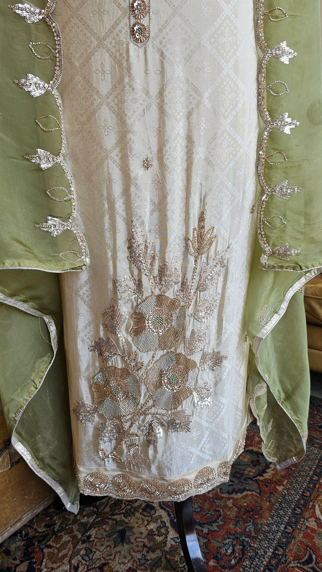 Beautiful Jacquard Silk Unstitched Suit With Highlighted Hand Work