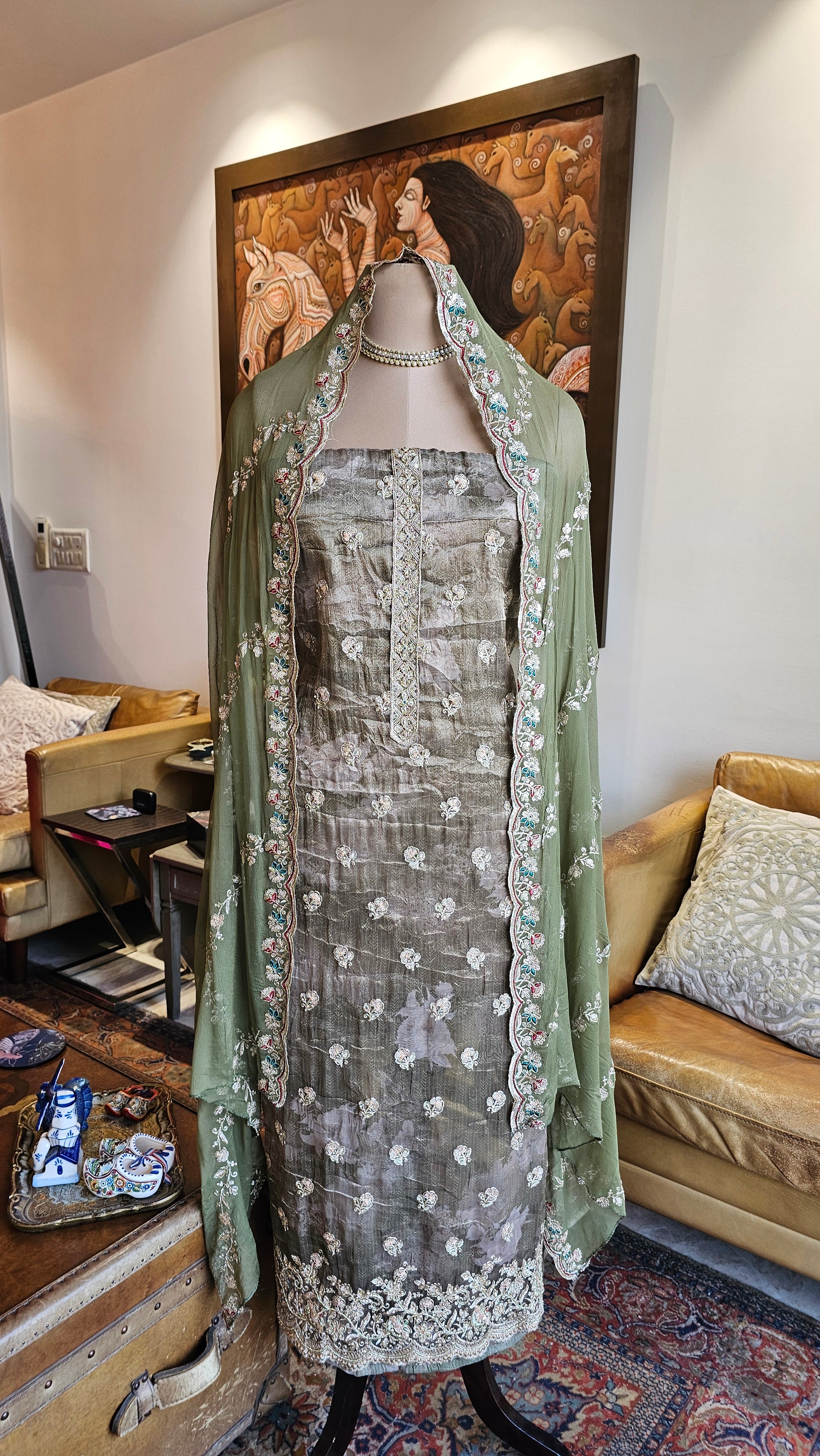 Beautiful Printed Tissue Unstitched Suit With Zari, Tilla & Hand Embroidery