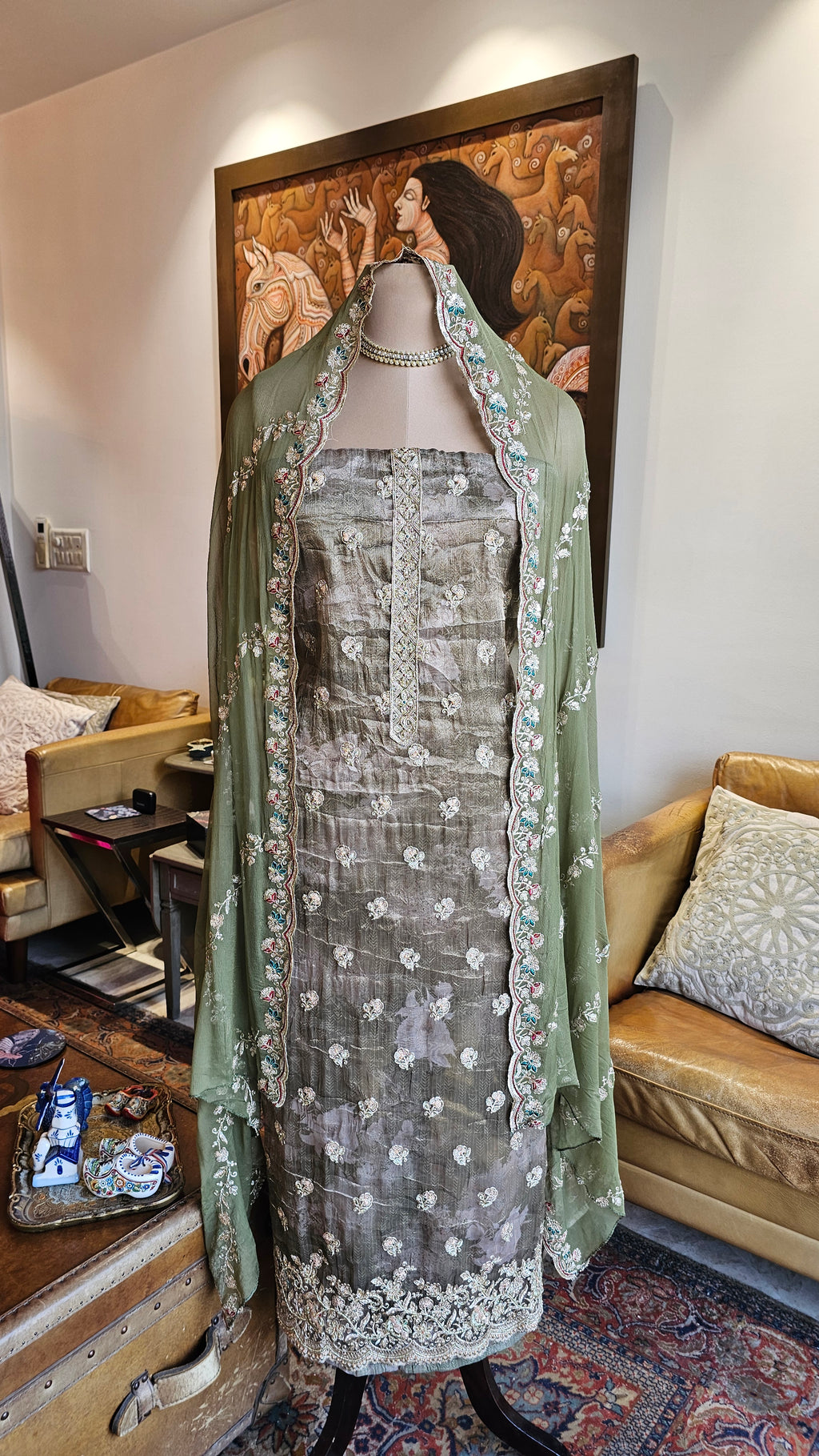 Beautiful Printed Tissue Unstitched Suit With Zari, Tilla & Hand Embroidery