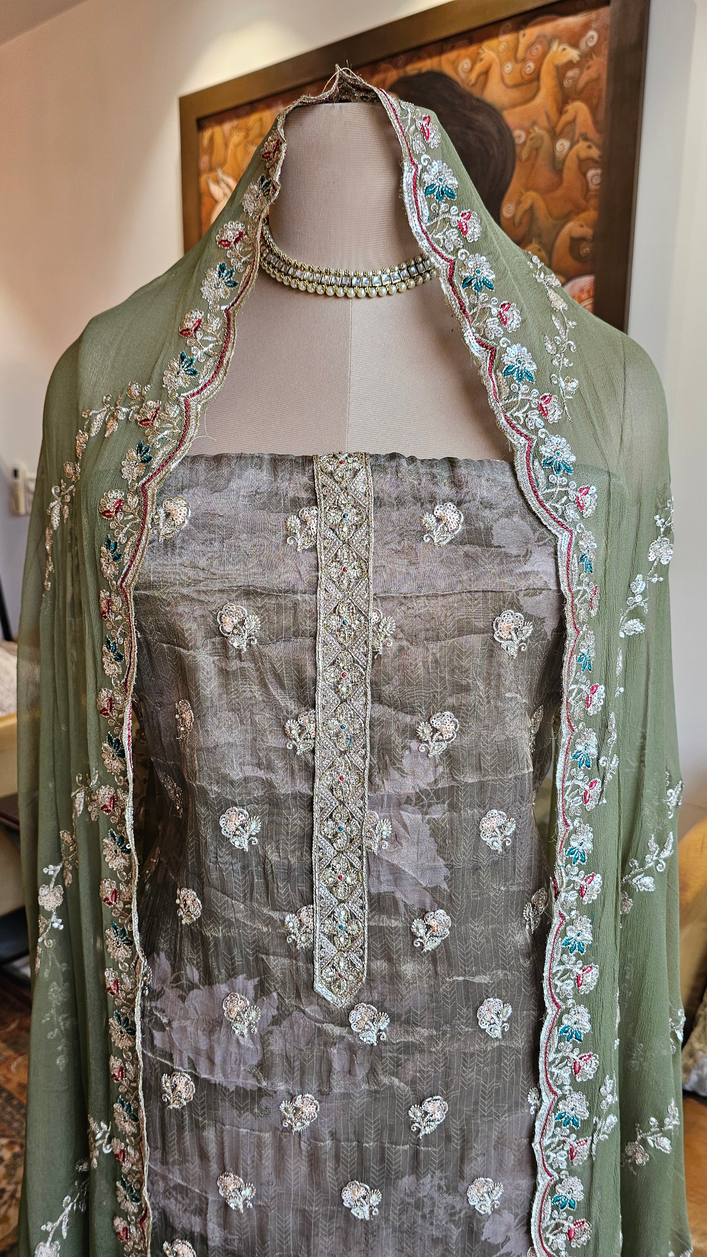Beautiful Printed Tissue Unstitched Suit With Zari, Tilla & Hand Embroidery