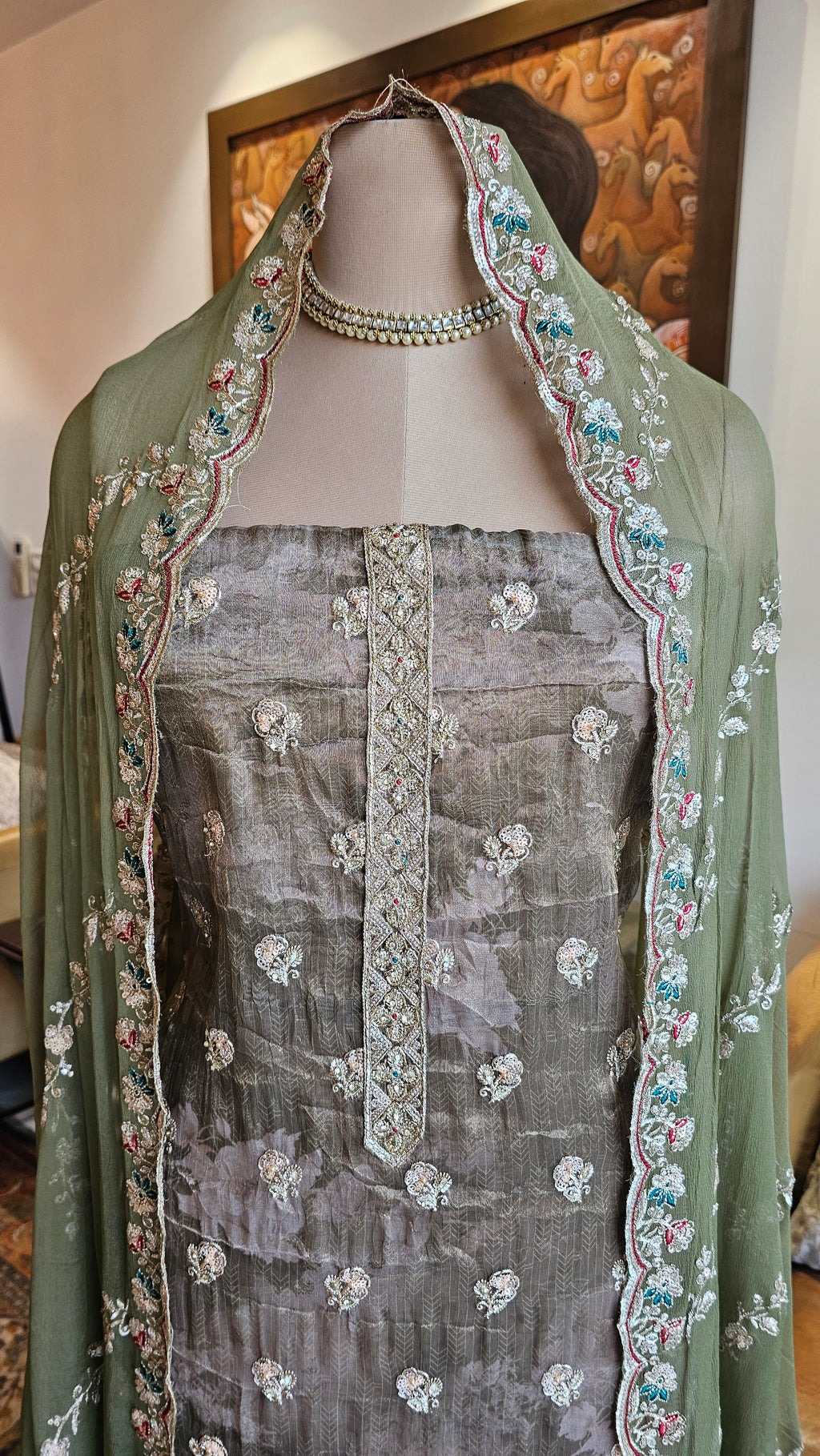 Beautiful Printed Tissue Unstitched Suit With Zari, Tilla & Hand Embroidery