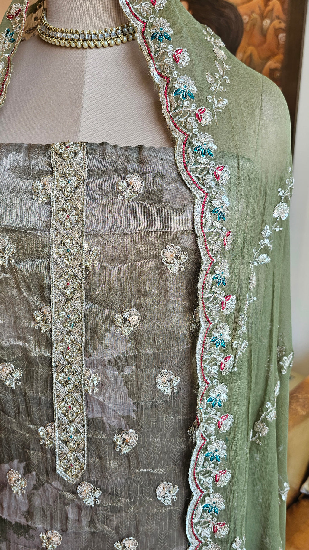 Beautiful Printed Tissue Unstitched Suit With Zari, Tilla & Hand Embroidery
