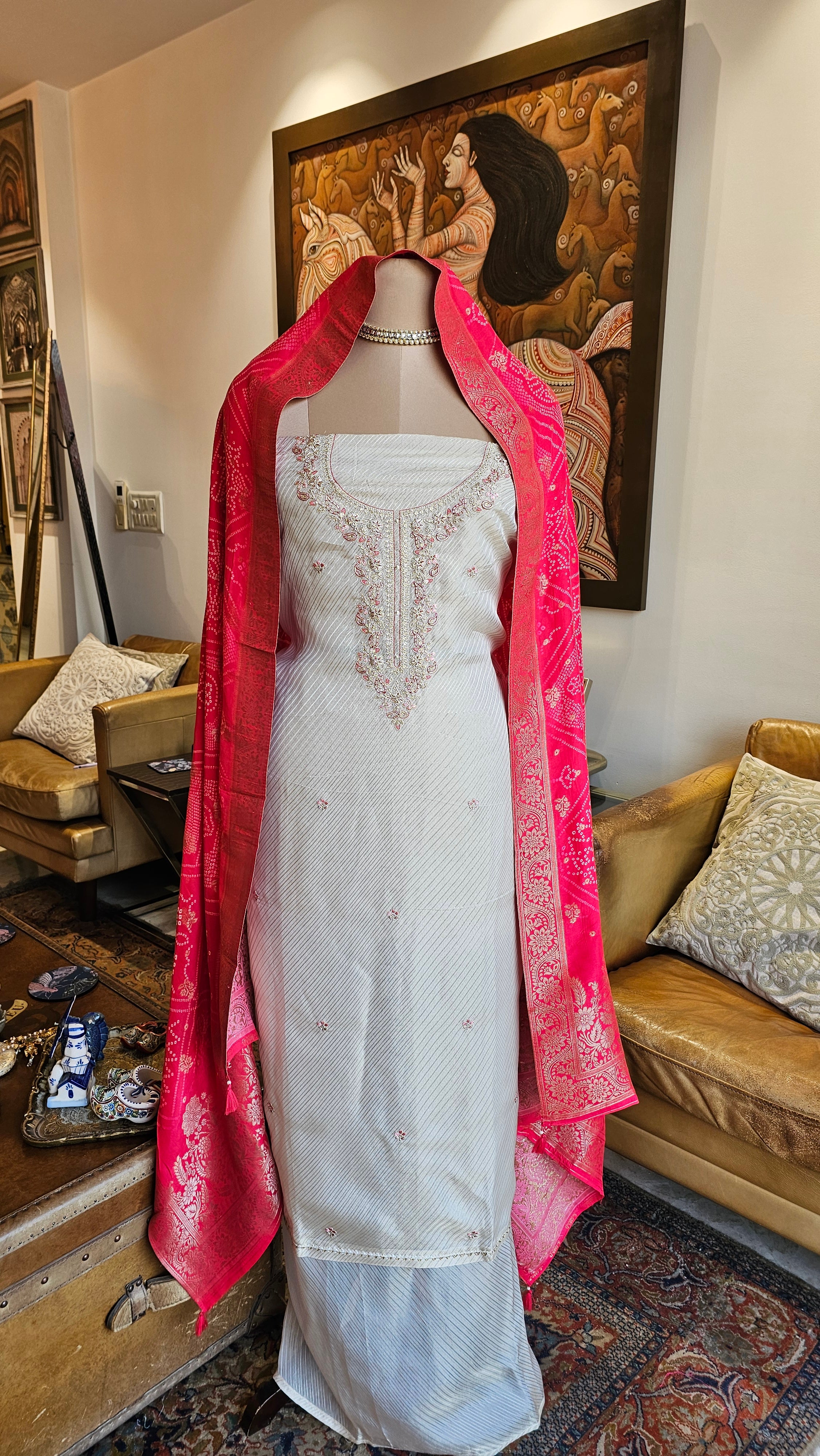 Stunning Tissue Unstitched Suit With Hand Embroidery