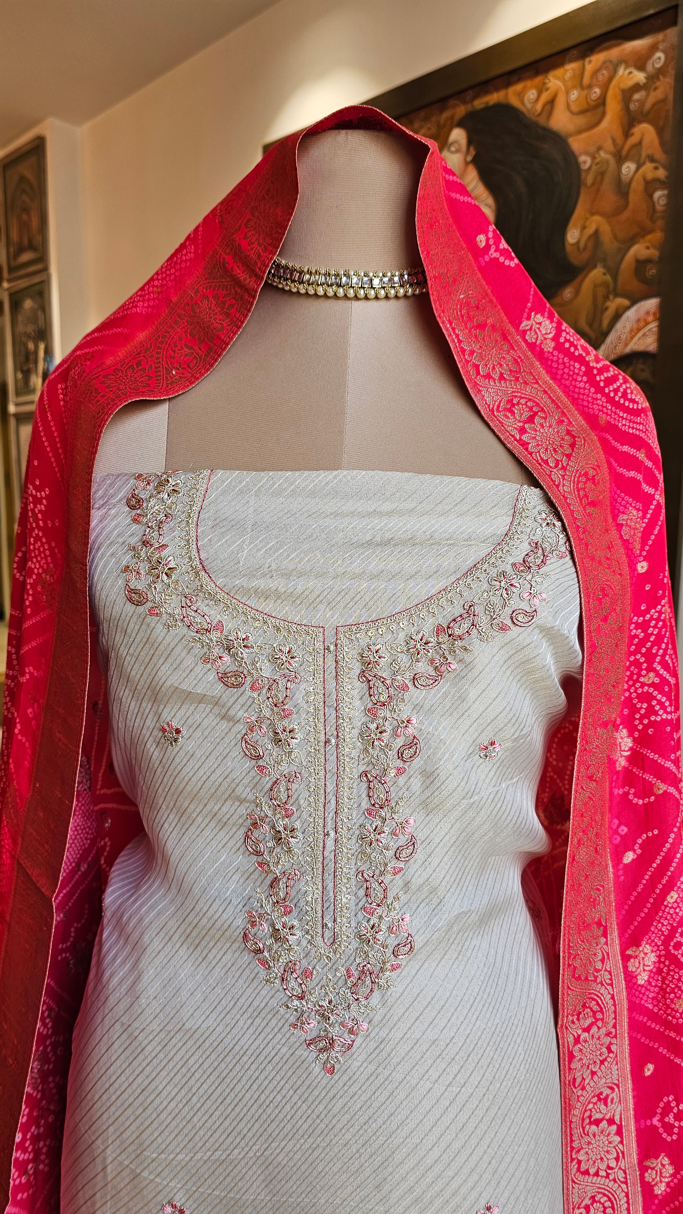 Stunning Tissue Unstitched Suit With Hand Embroidery