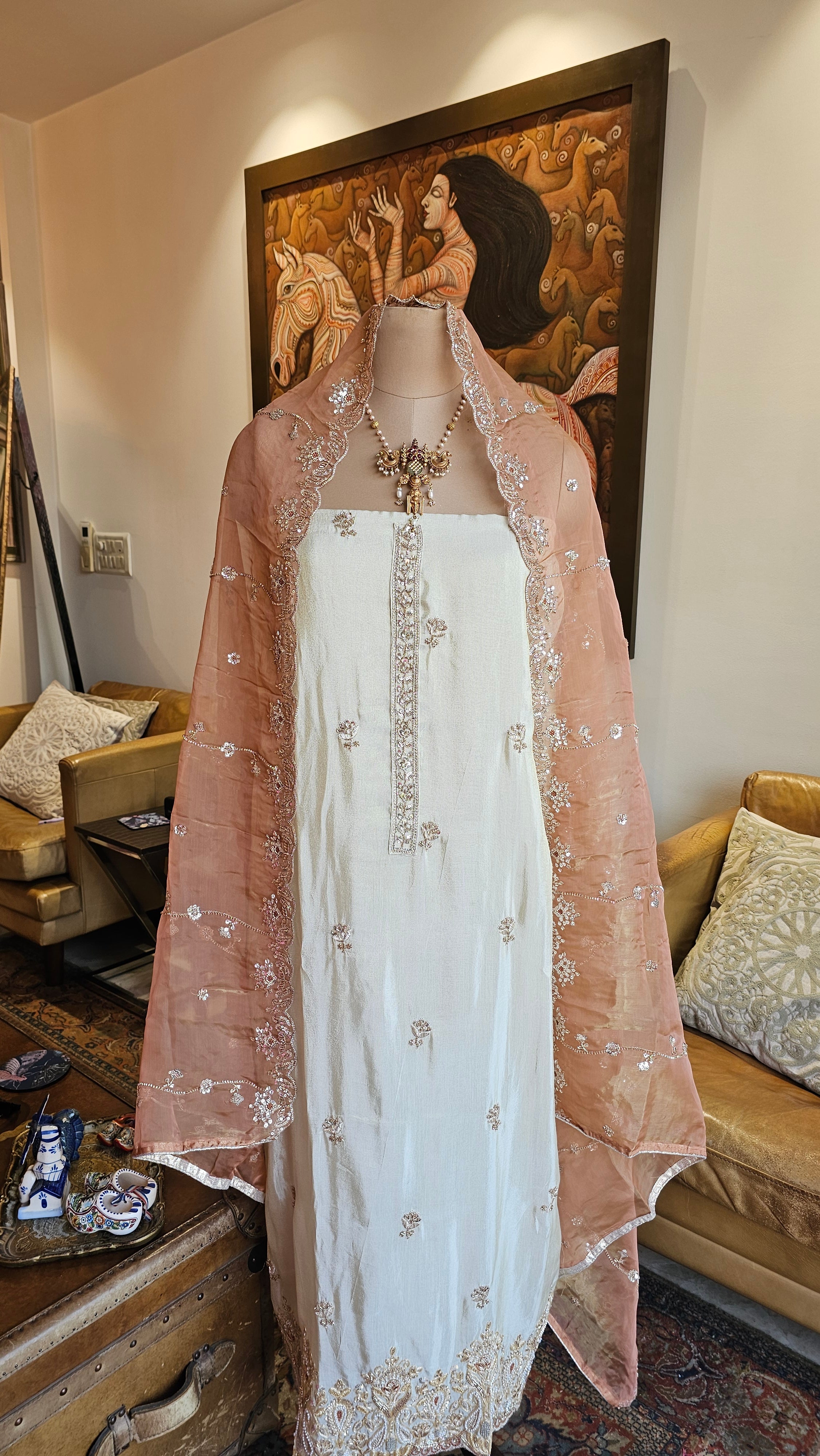 Stunning Tissue Unstitched Suit With Hand Embroidery
