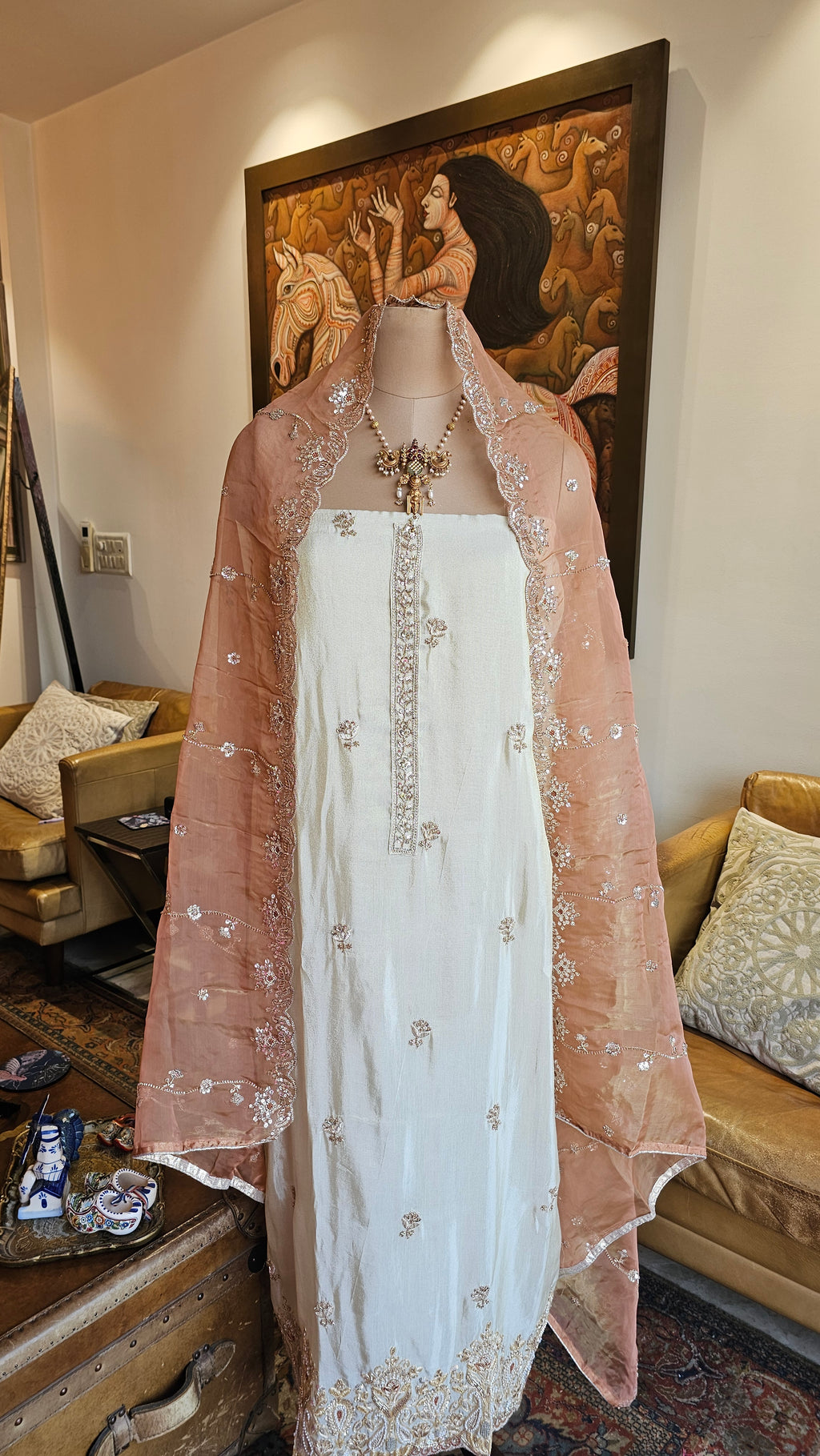 Stunning Tissue Unstitched Suit With Hand Embroidery
