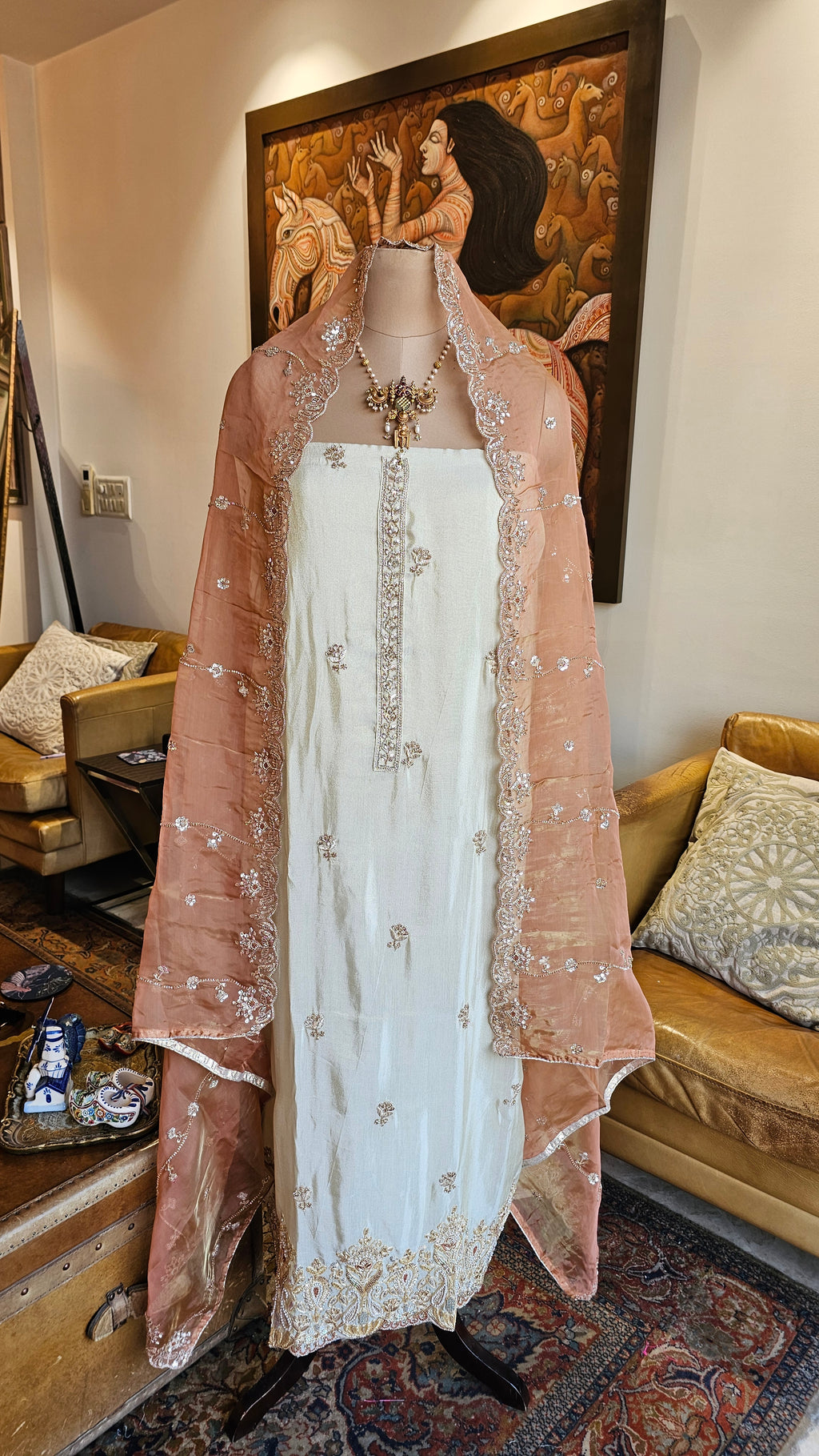 Stunning Tissue Unstitched Suit With Hand Embroidery