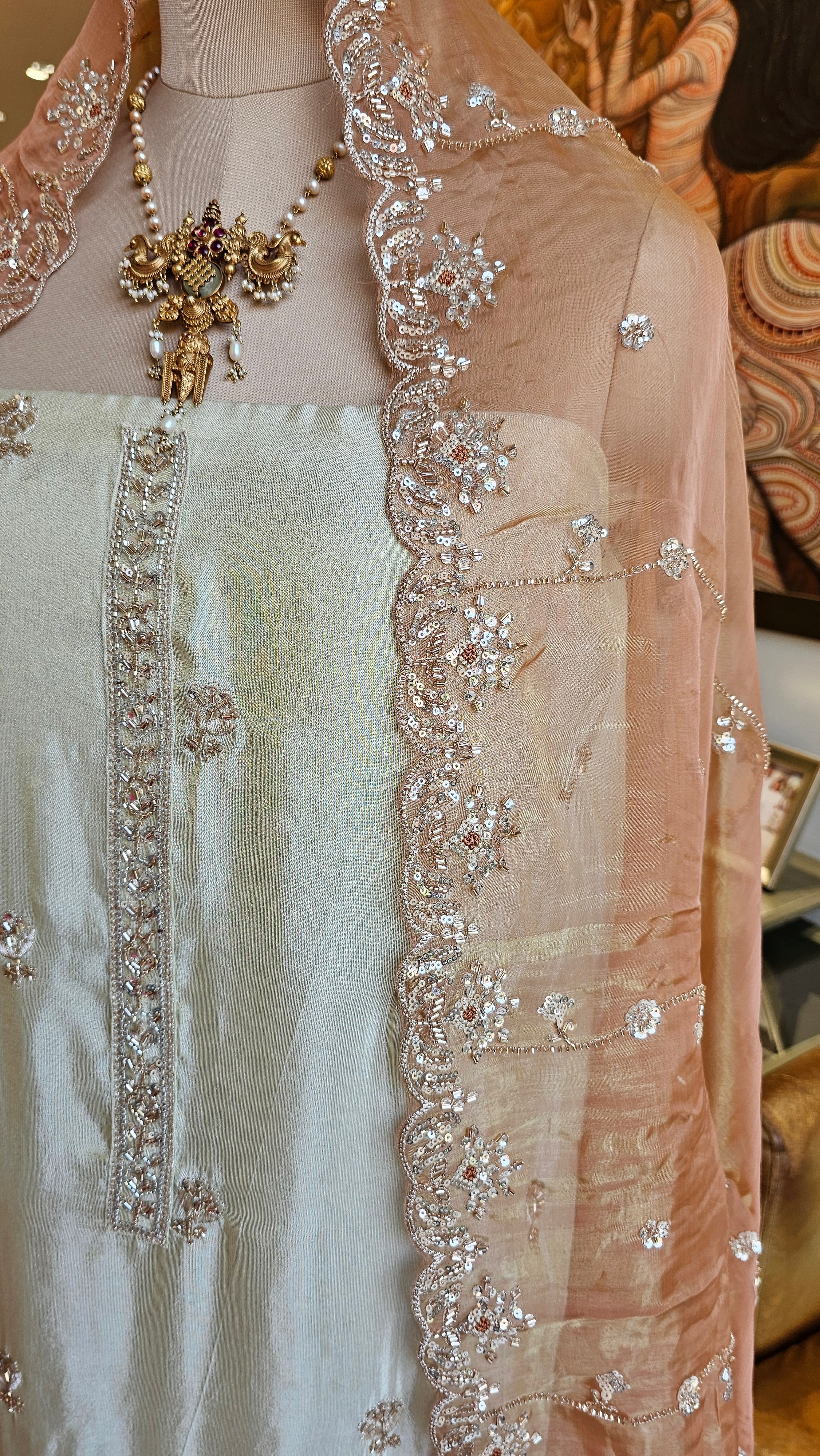 Stunning Tissue Unstitched Suit With Hand Embroidery