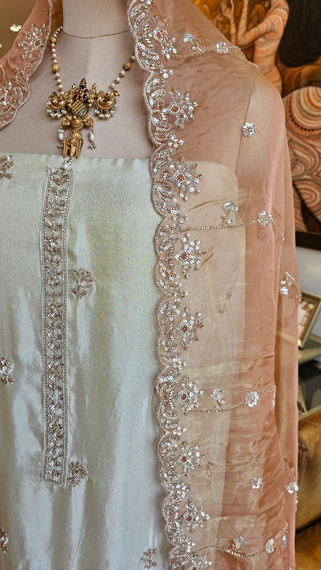 Stunning Tissue Unstitched Suit With Hand Embroidery