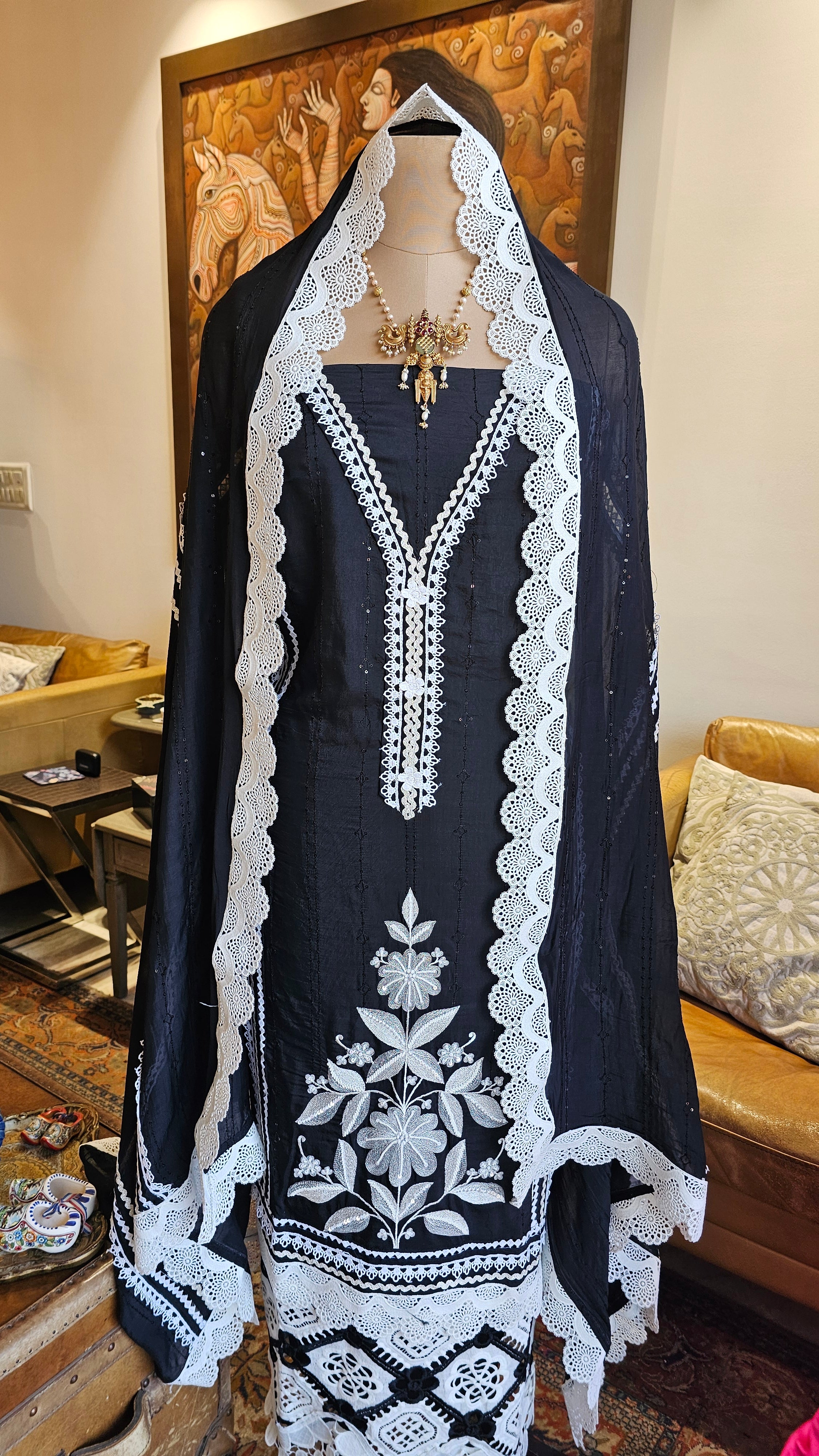 Beautiful Cotton Unstitched Suit With Lace, Pearl & Sequins Work