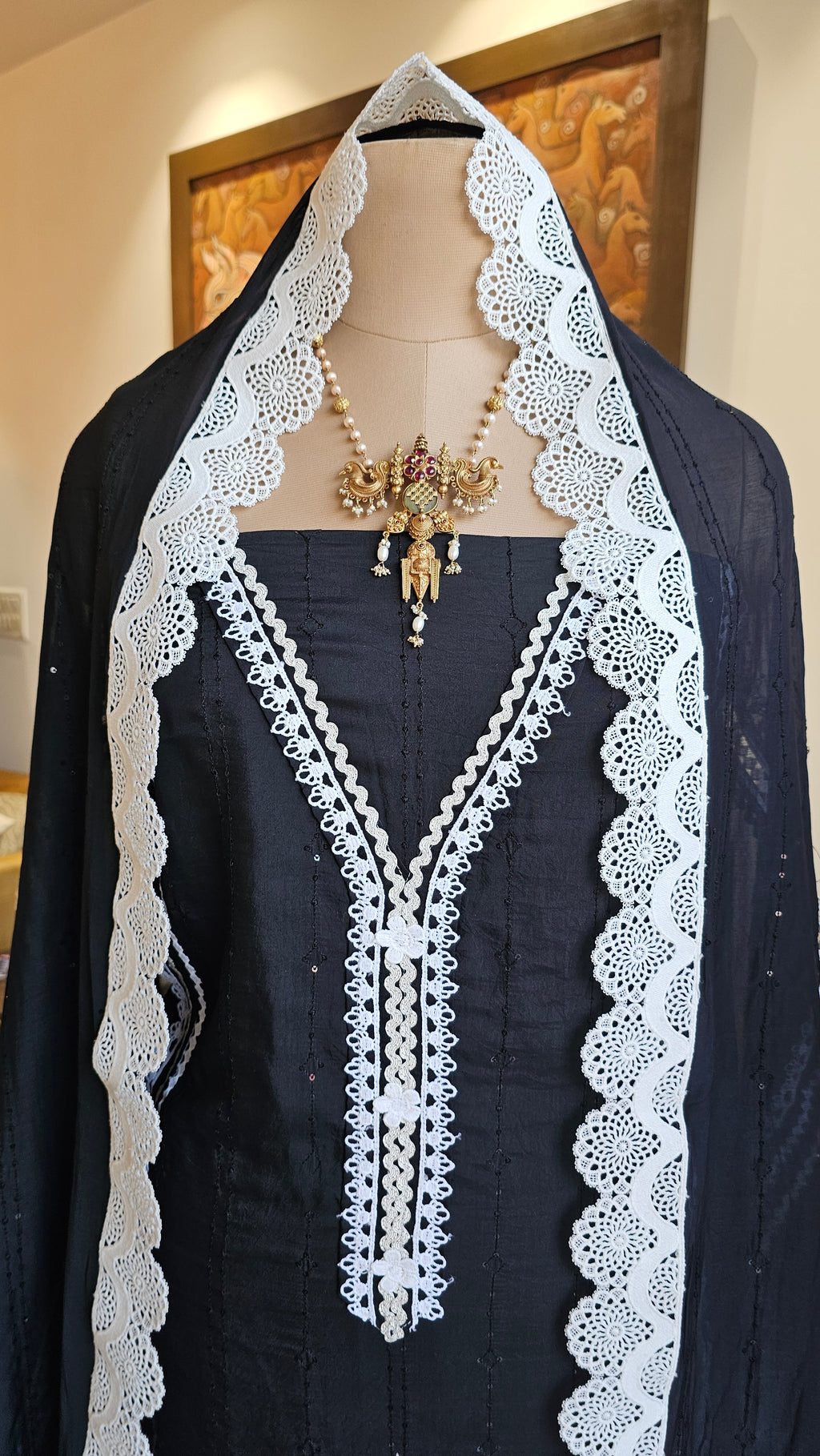 Beautiful Cotton Unstitched Suit With Lace, Pearl & Sequins Work