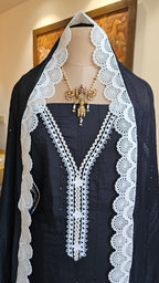 Beautiful Cotton Unstitched Suit With Lace, Pearl & Sequins Work