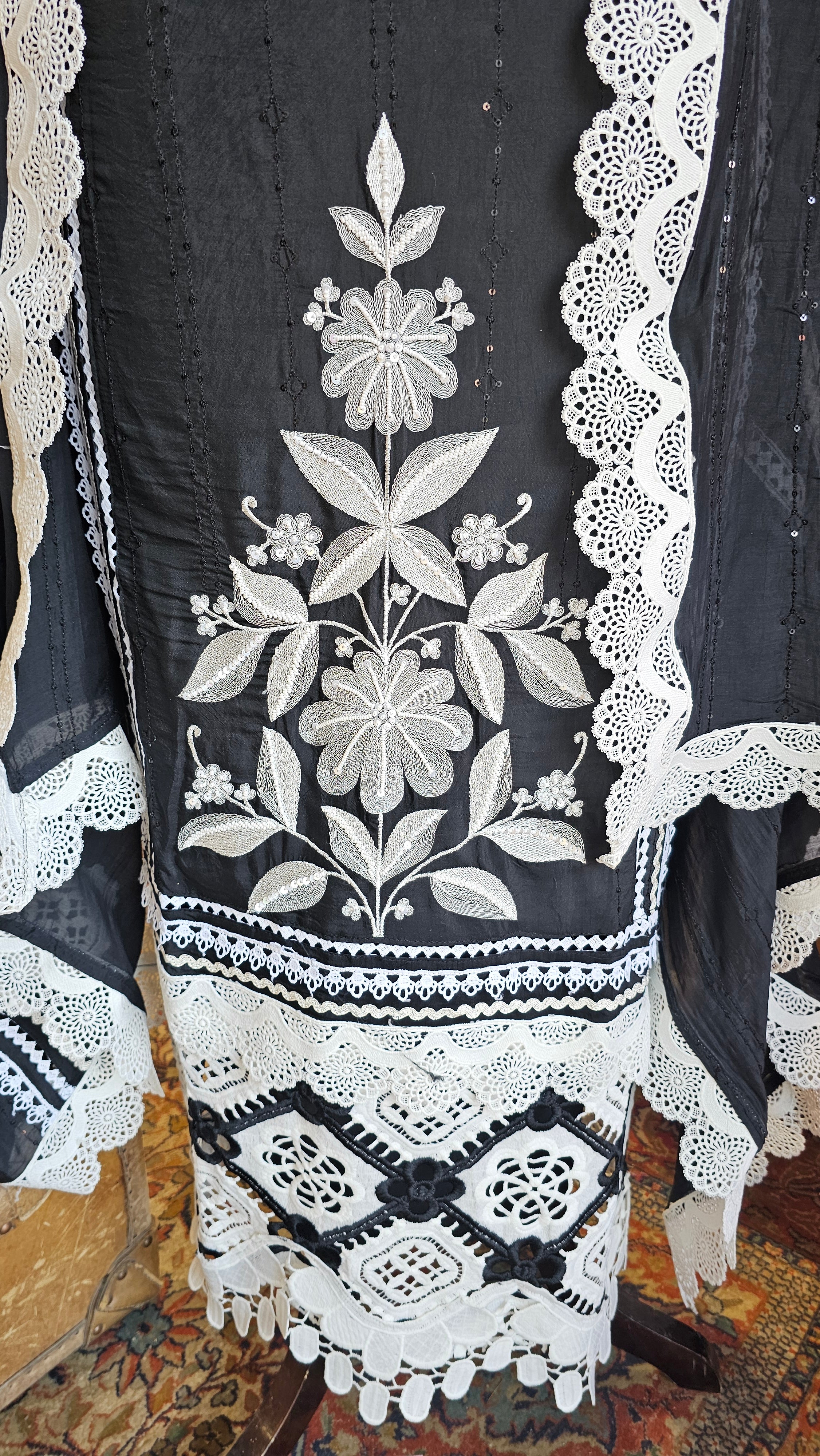 Beautiful Cotton Unstitched Suit With Lace, Pearl & Sequins Work