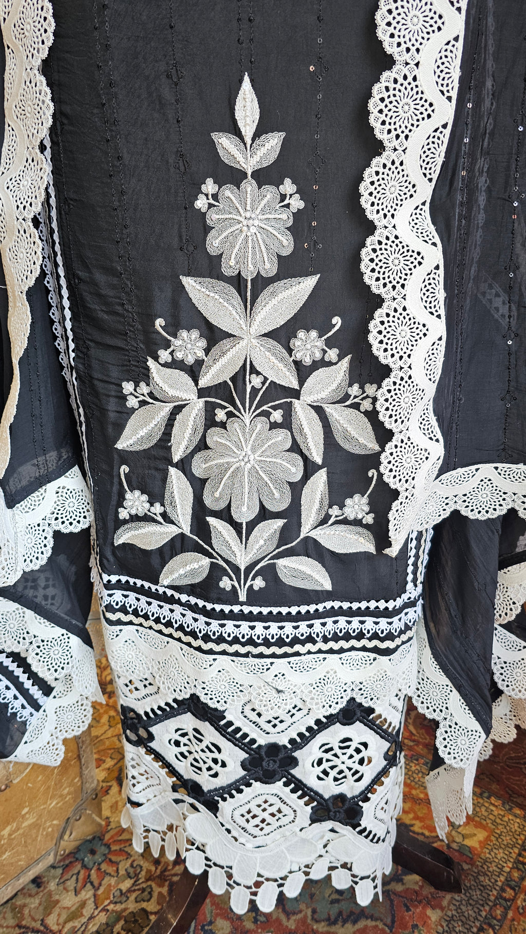 Beautiful Cotton Unstitched Suit With Lace, Pearl & Sequins Work