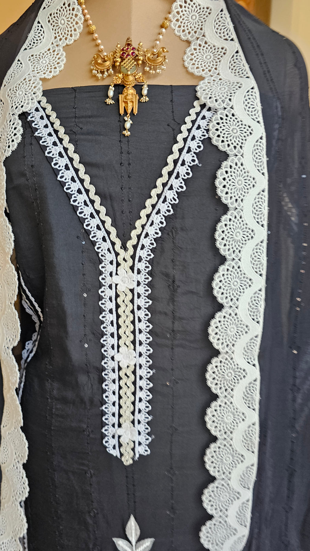 Beautiful Cotton Unstitched Suit With Lace, Pearl & Sequins Work