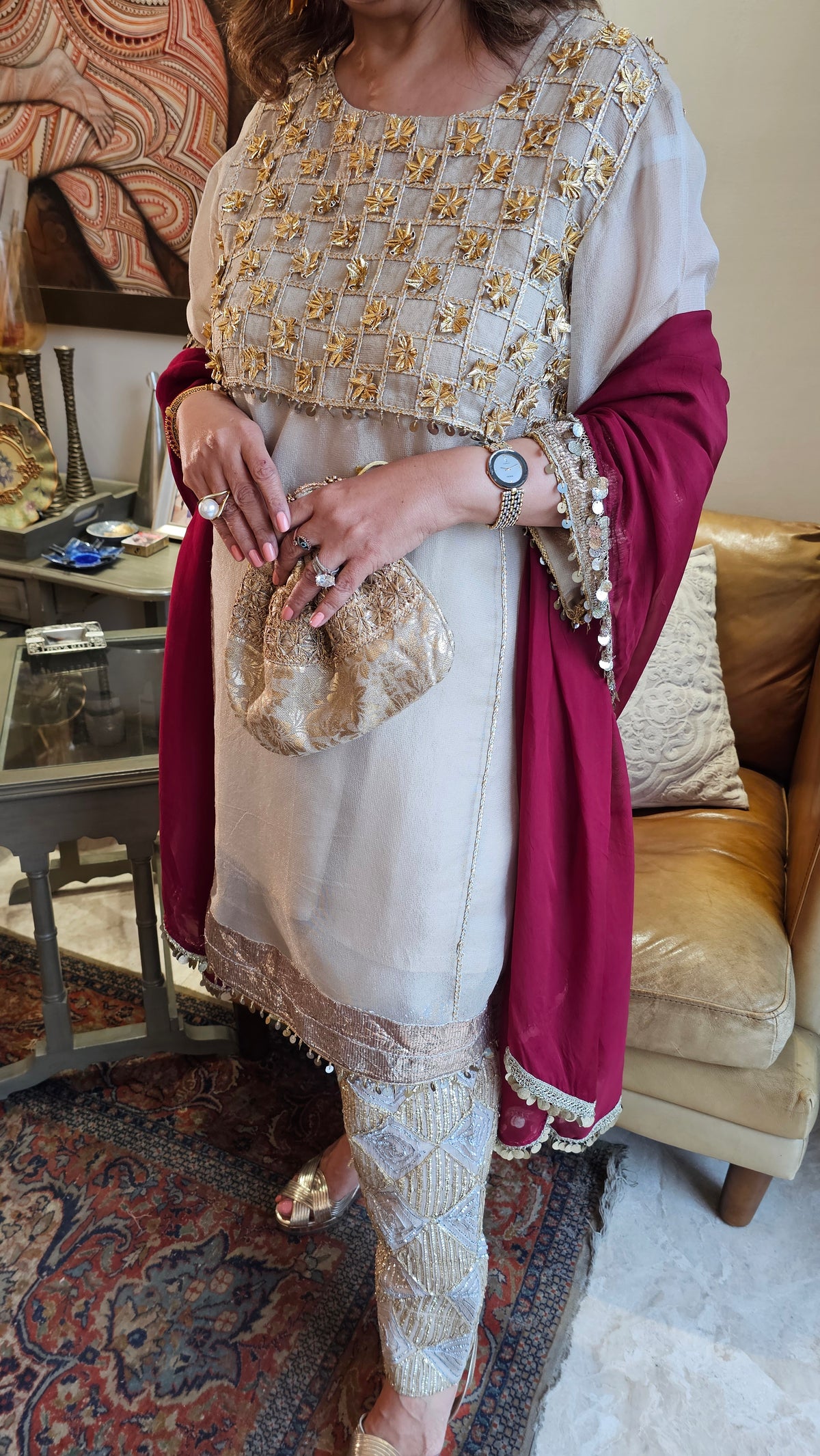 Pure Jaali Tissue Gota Embroidered Outfit with Organza Dupatta & Dogri Salwar