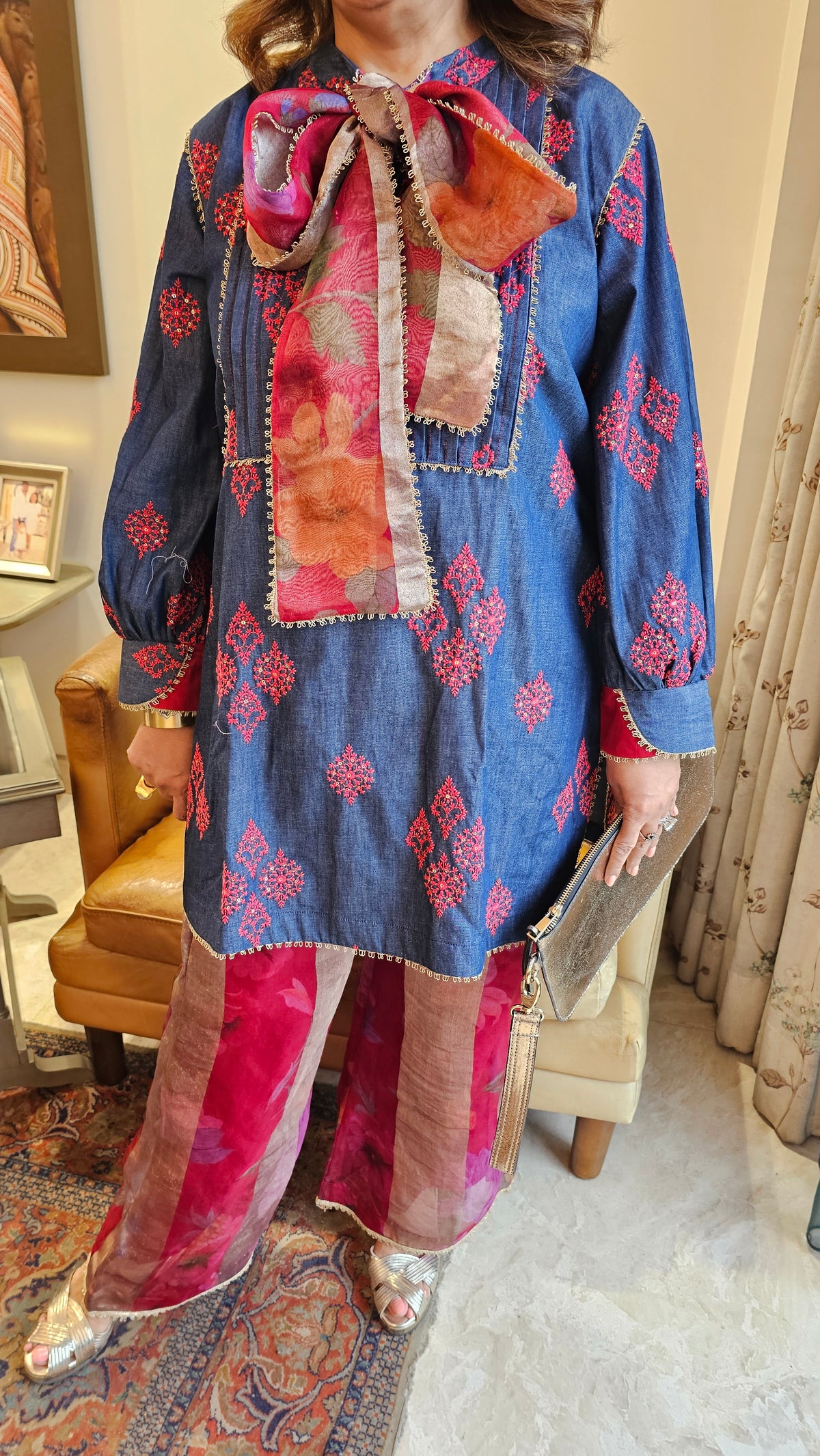 Embroidered Denim & Wispy Tissue Fusion Outfit with Neck Bow