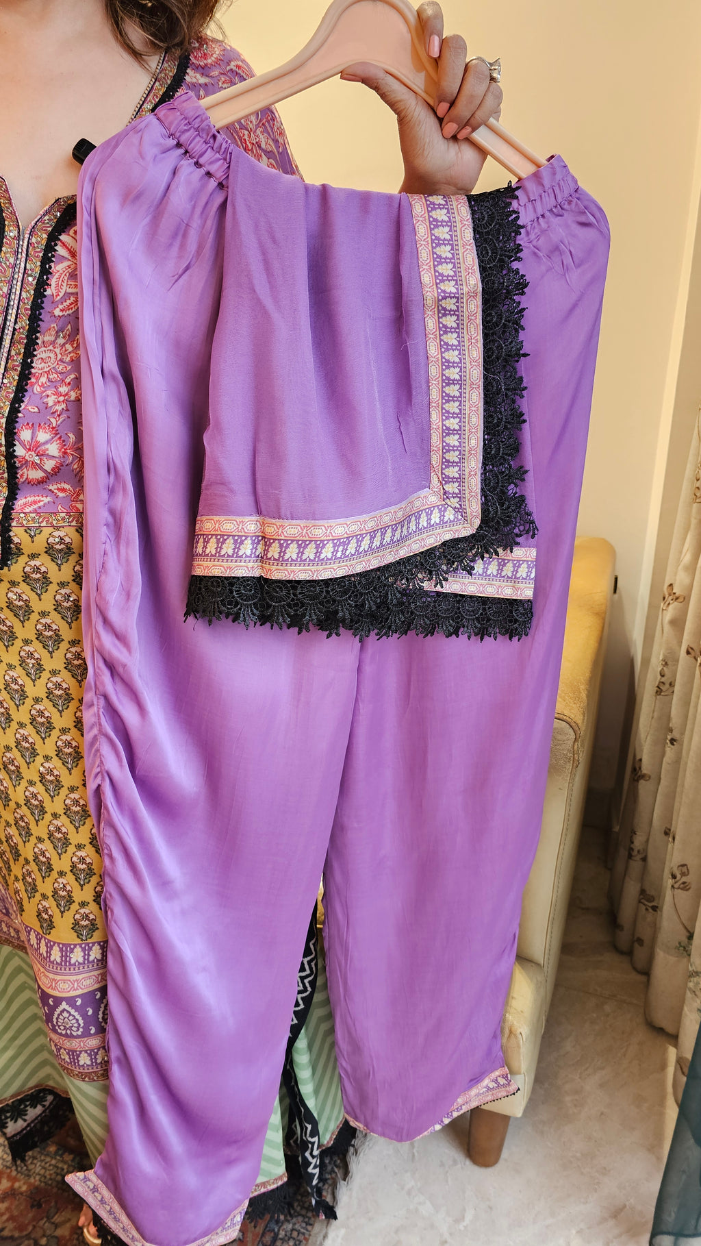 Beautiful Digital Printed Satin fabric Outfit with Kaftan Embellished with Lace Work