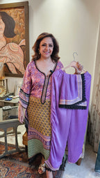 Beautiful Digital Printed Satin fabric Outfit with Kaftan Embellished with Lace Work