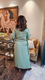 Beautiful Digital Printed Satin fabric Outfit with Kaftan Embellished with Lace Work