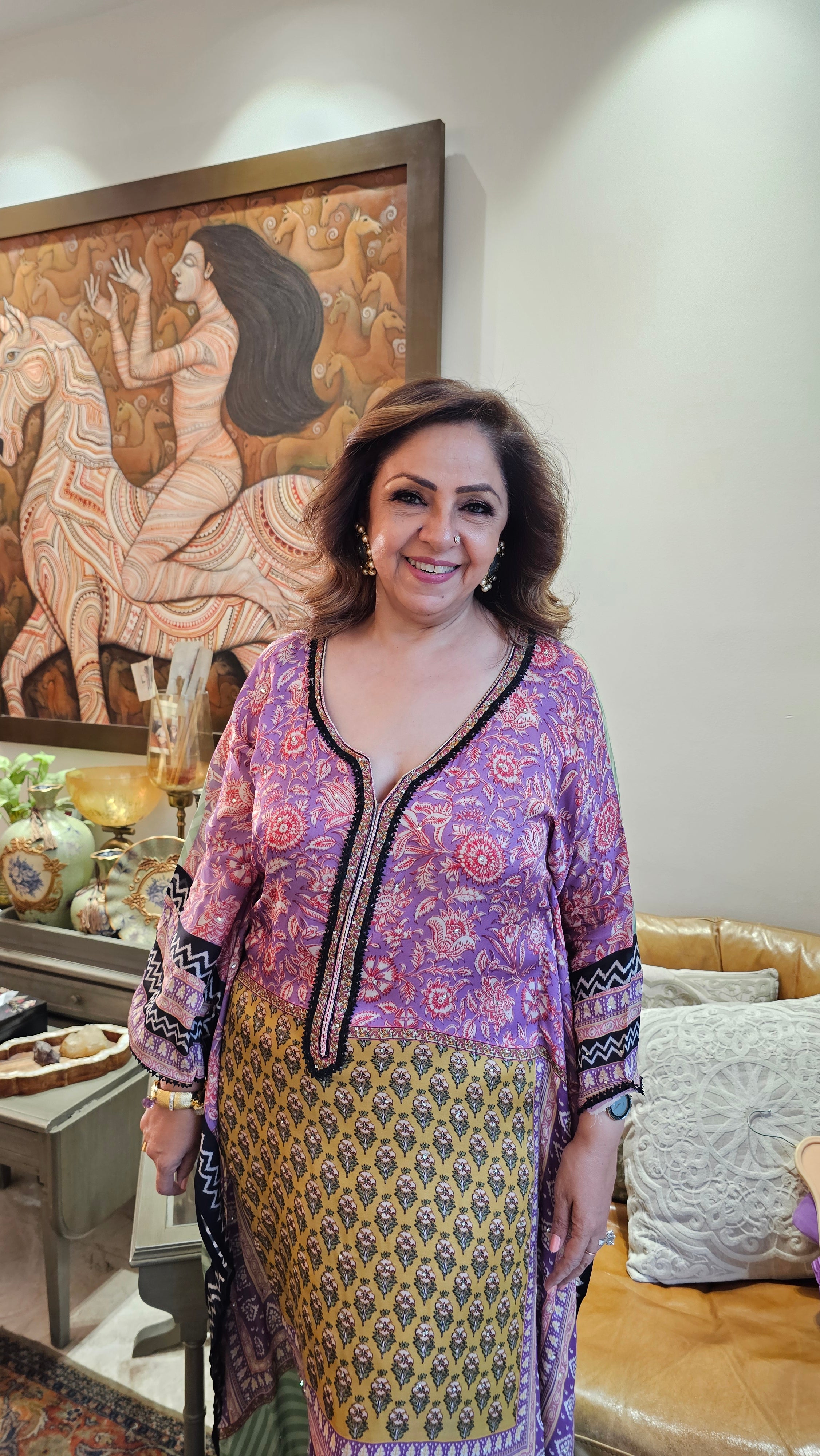 Beautiful Digital Printed Satin fabric Outfit with Kaftan Embellished with Lace Work