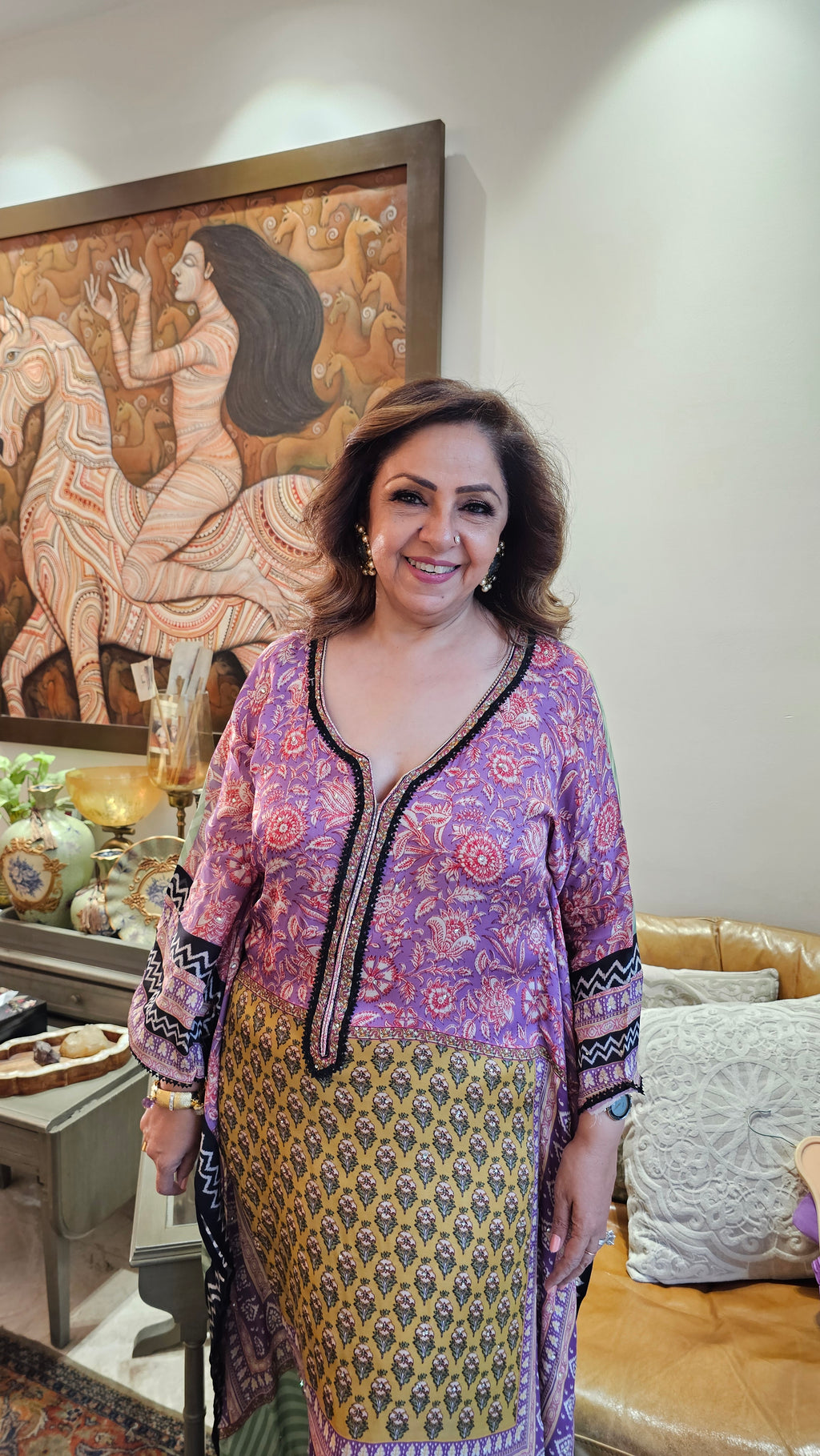 Beautiful Digital Printed Satin fabric Outfit with Kaftan Embellished with Lace Work