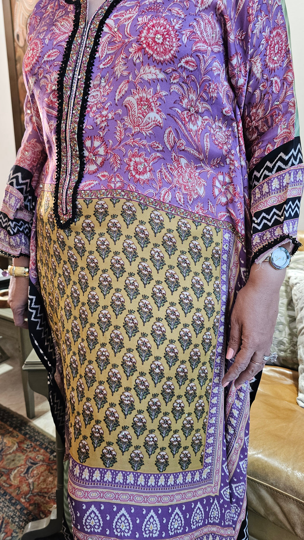 Beautiful Digital Printed Satin fabric Outfit with Kaftan Embellished with Lace Work