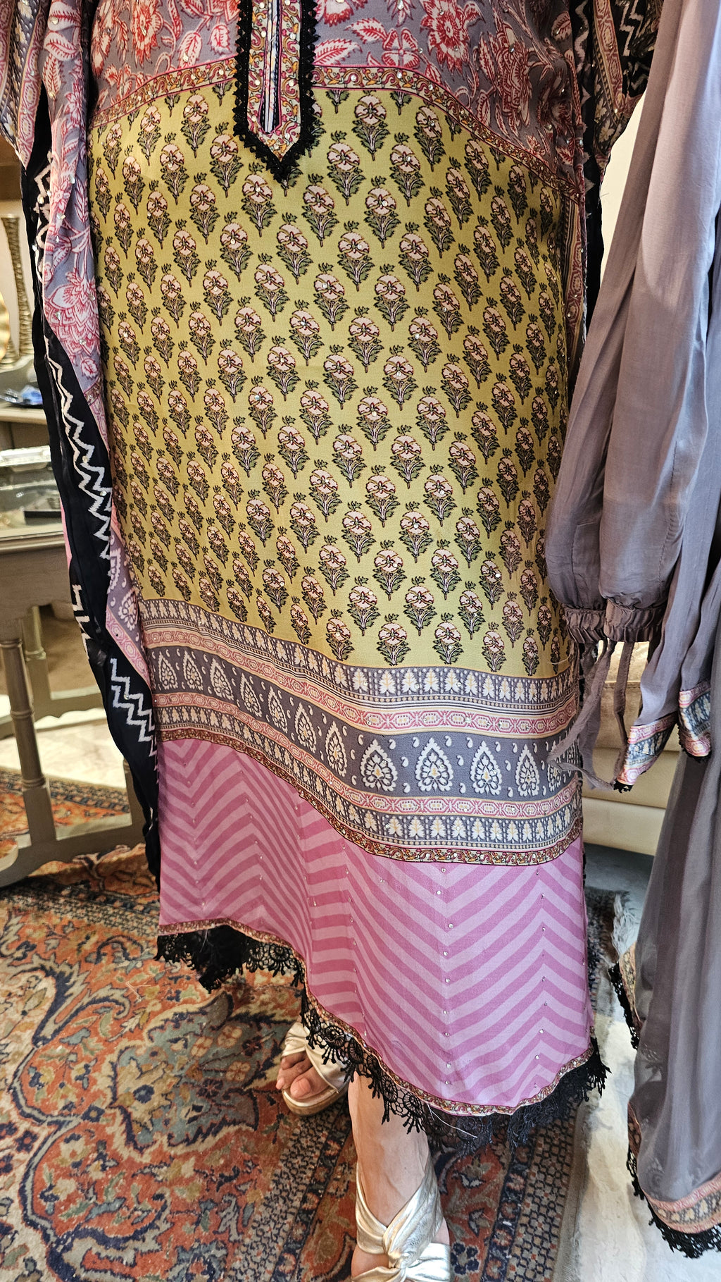 Beautiful Digital Printed Satin fabric Outfit with Kaftan Embellished with Lace Work