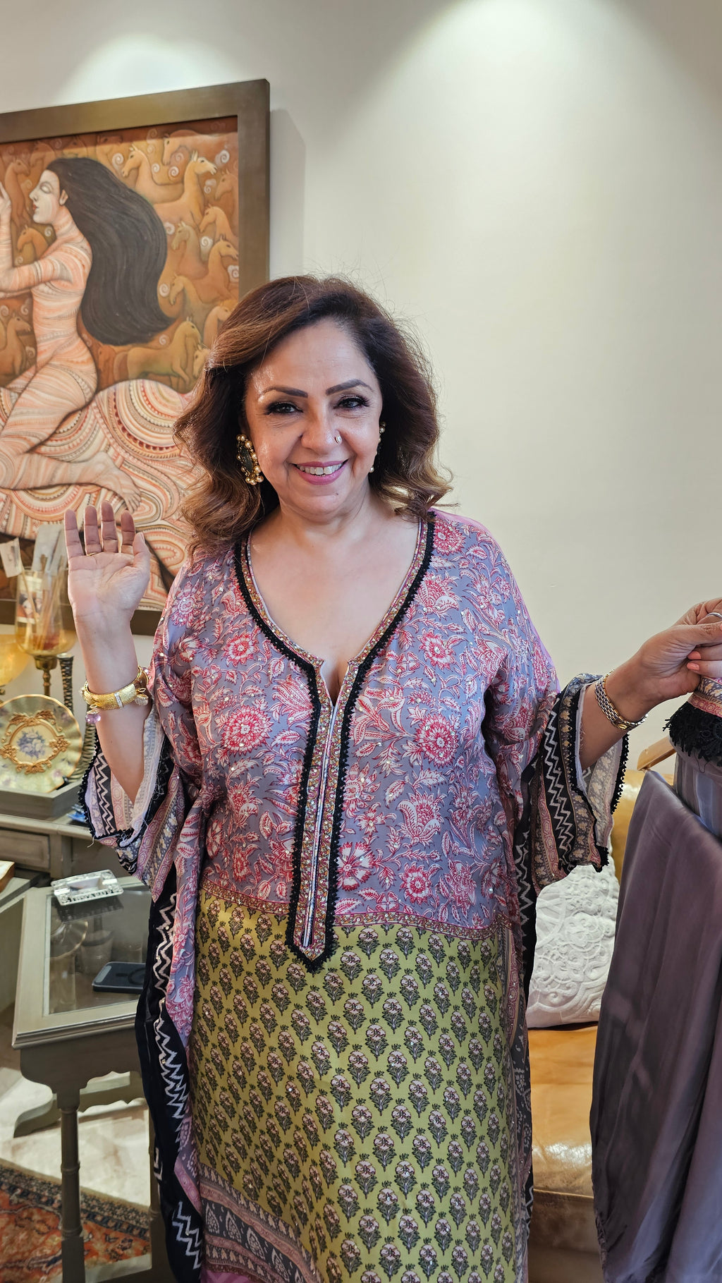 Beautiful Digital Printed Satin fabric Outfit with Kaftan Embellished with Lace Work