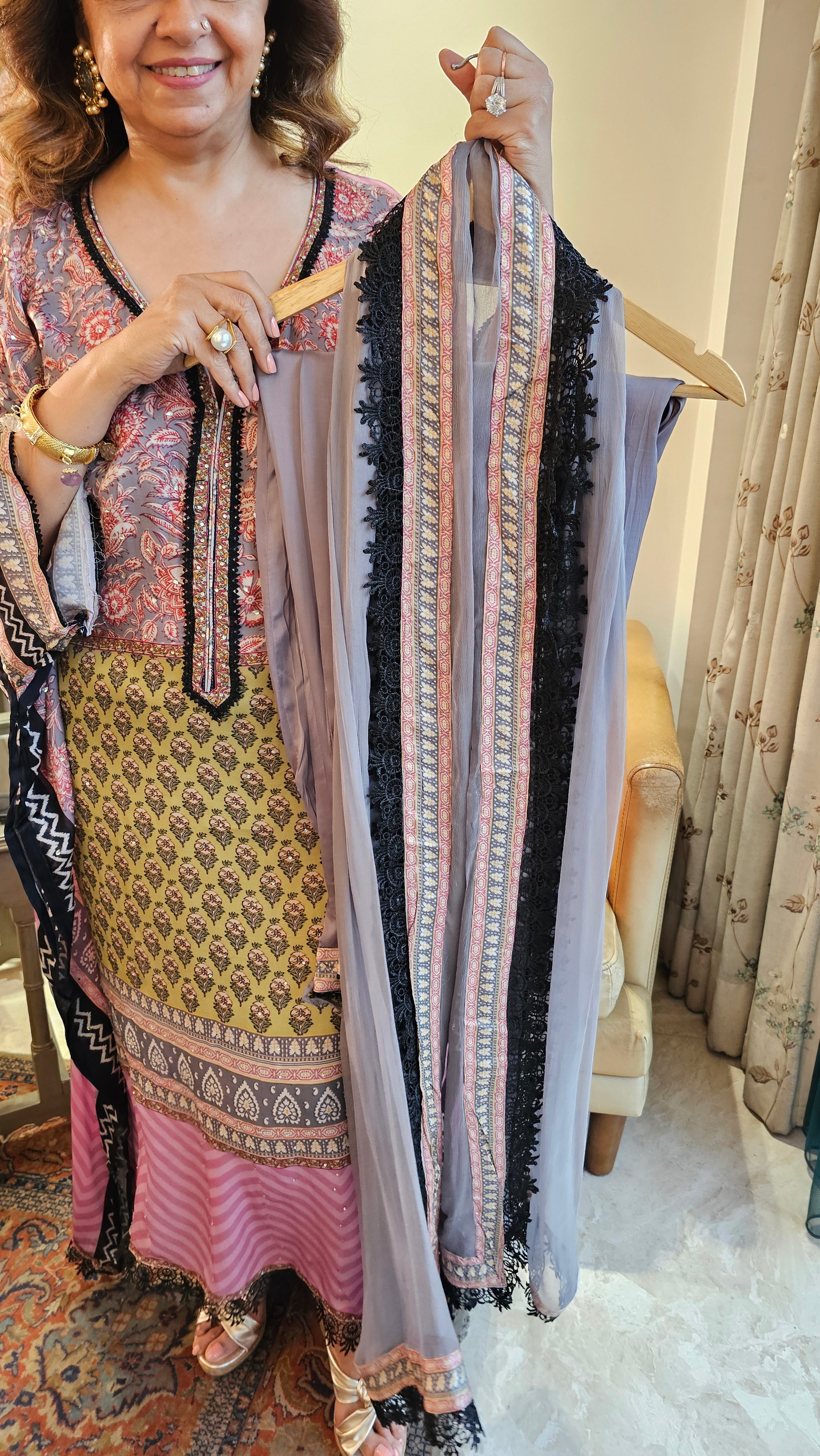 Beautiful Digital Printed Satin fabric Outfit with Kaftan Embellished with Lace Work