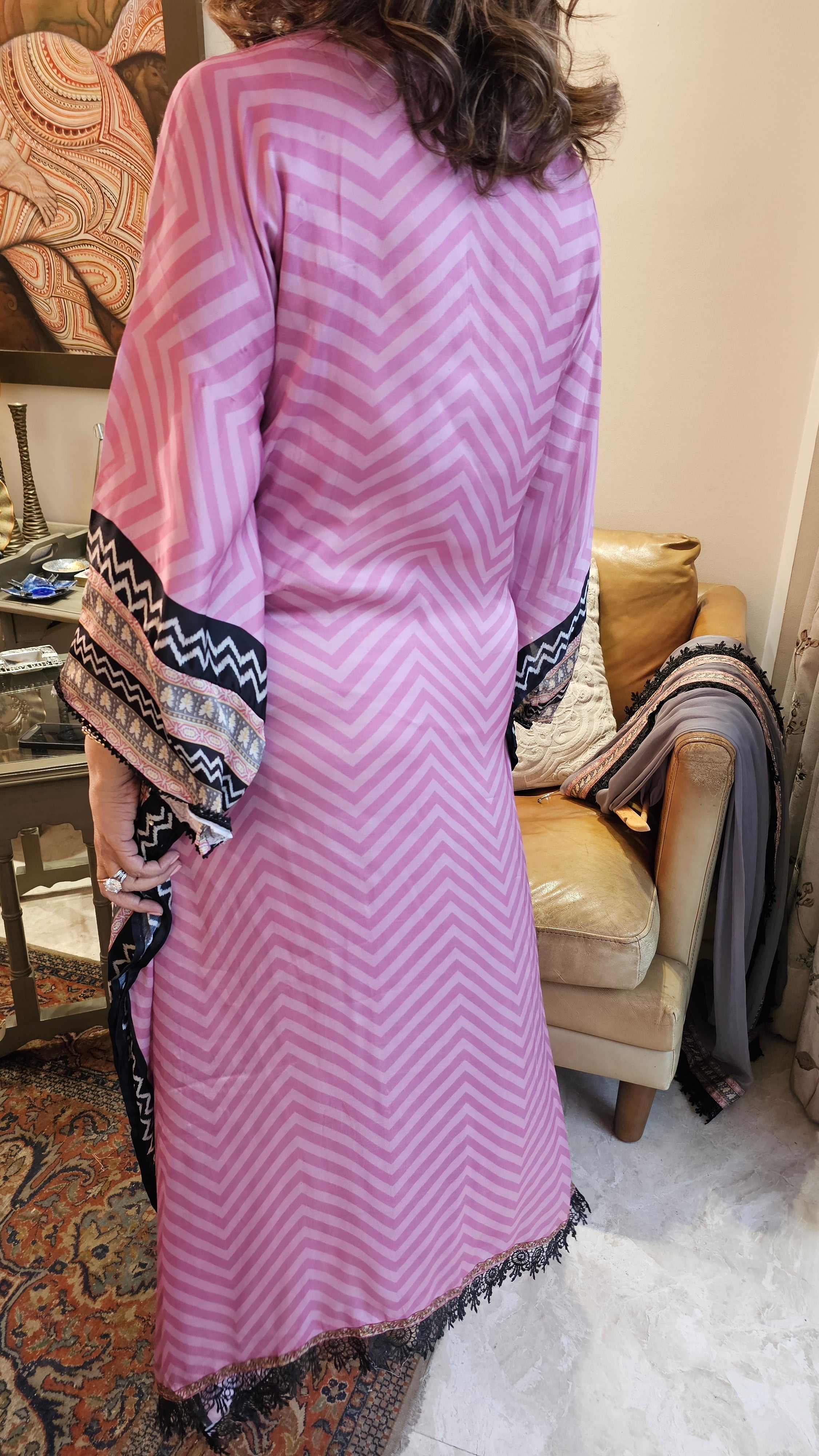 Beautiful Digital Printed Satin fabric Outfit with Kaftan Embellished with Lace Work