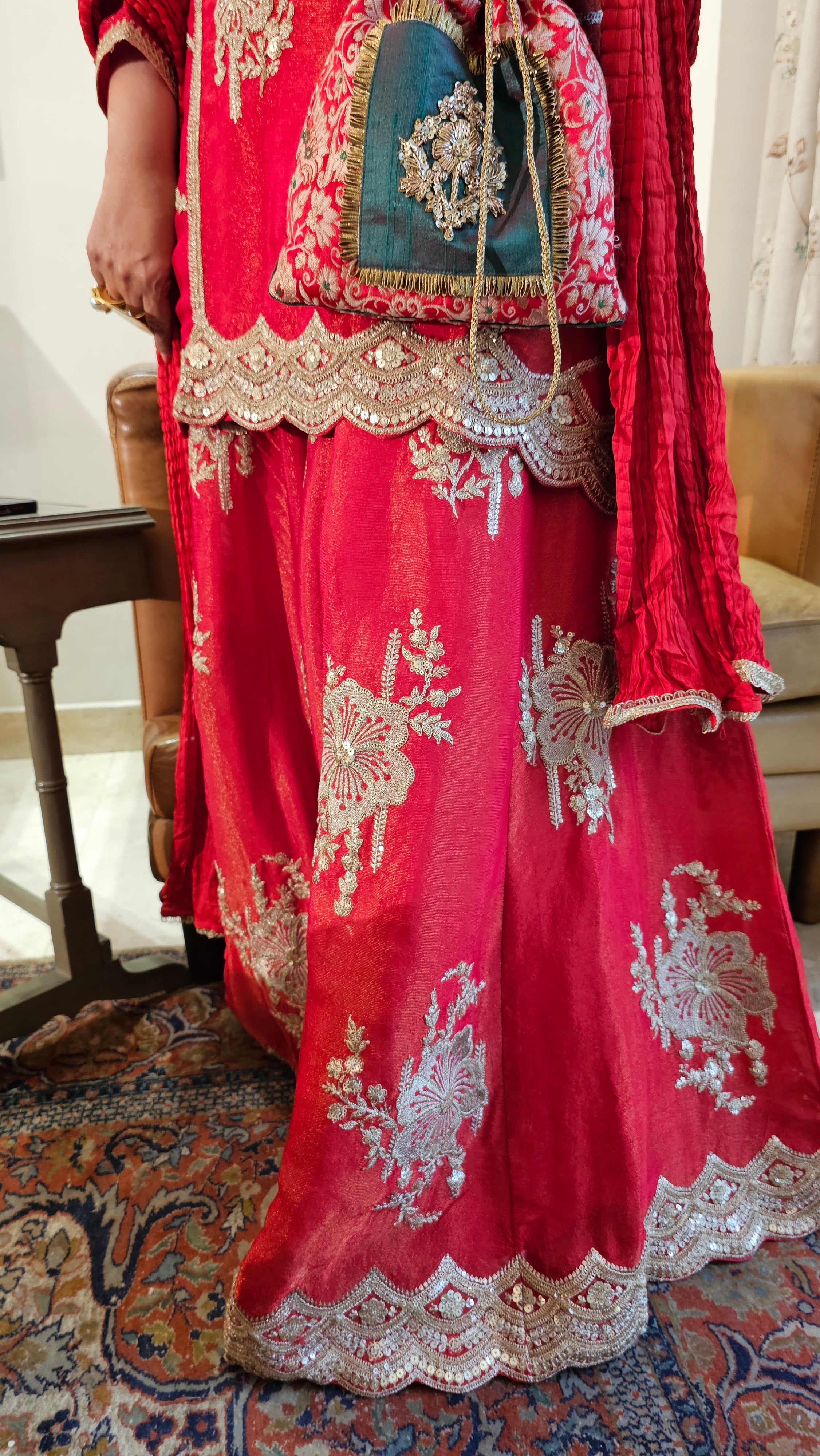 Beautiful Tissue Fabric Suit with Palazzo Embellished with Zari Work